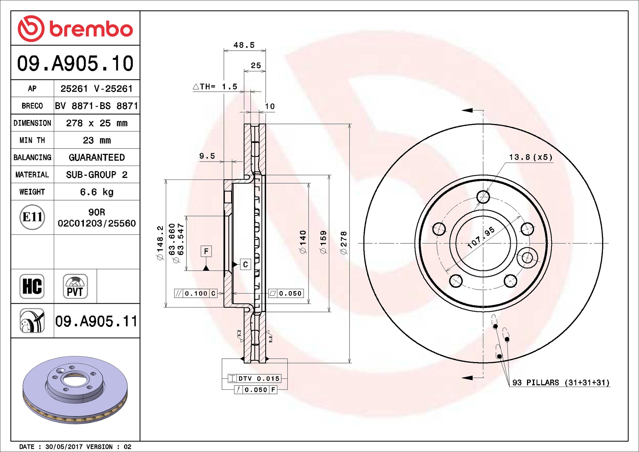 Brake Disc - 09.A905.11 BREMBO
