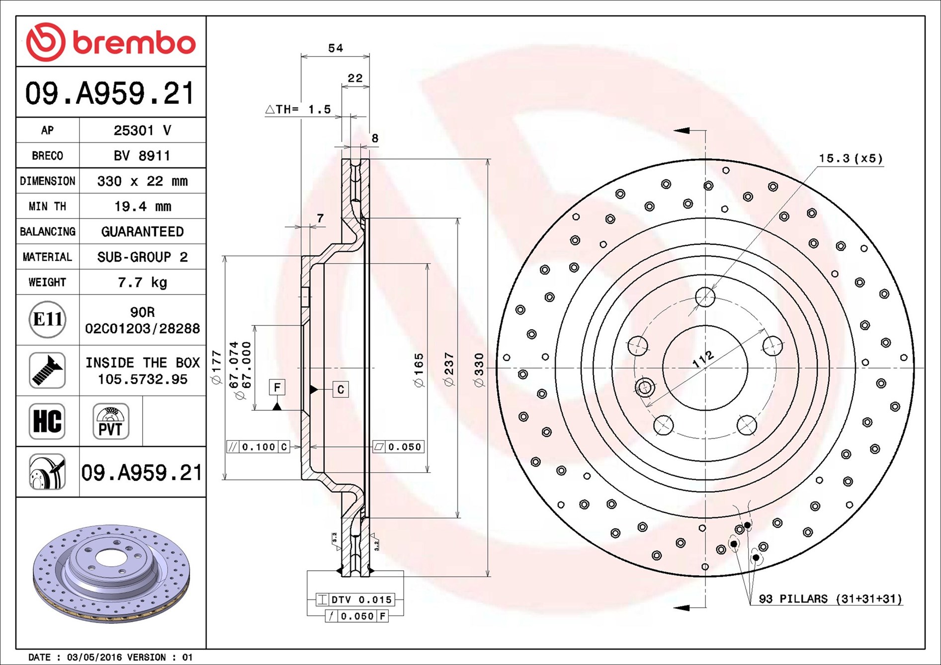 Brake Disc - 09.A959.21 BREMBO