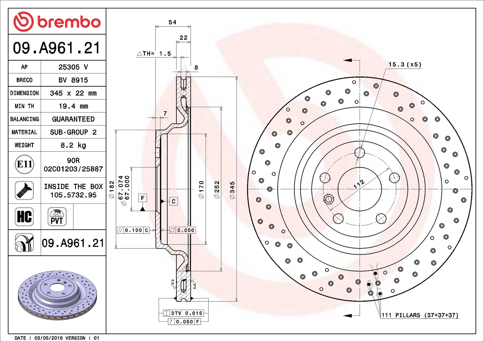 Bremsscheibe - 09.A961.21 BREMBO