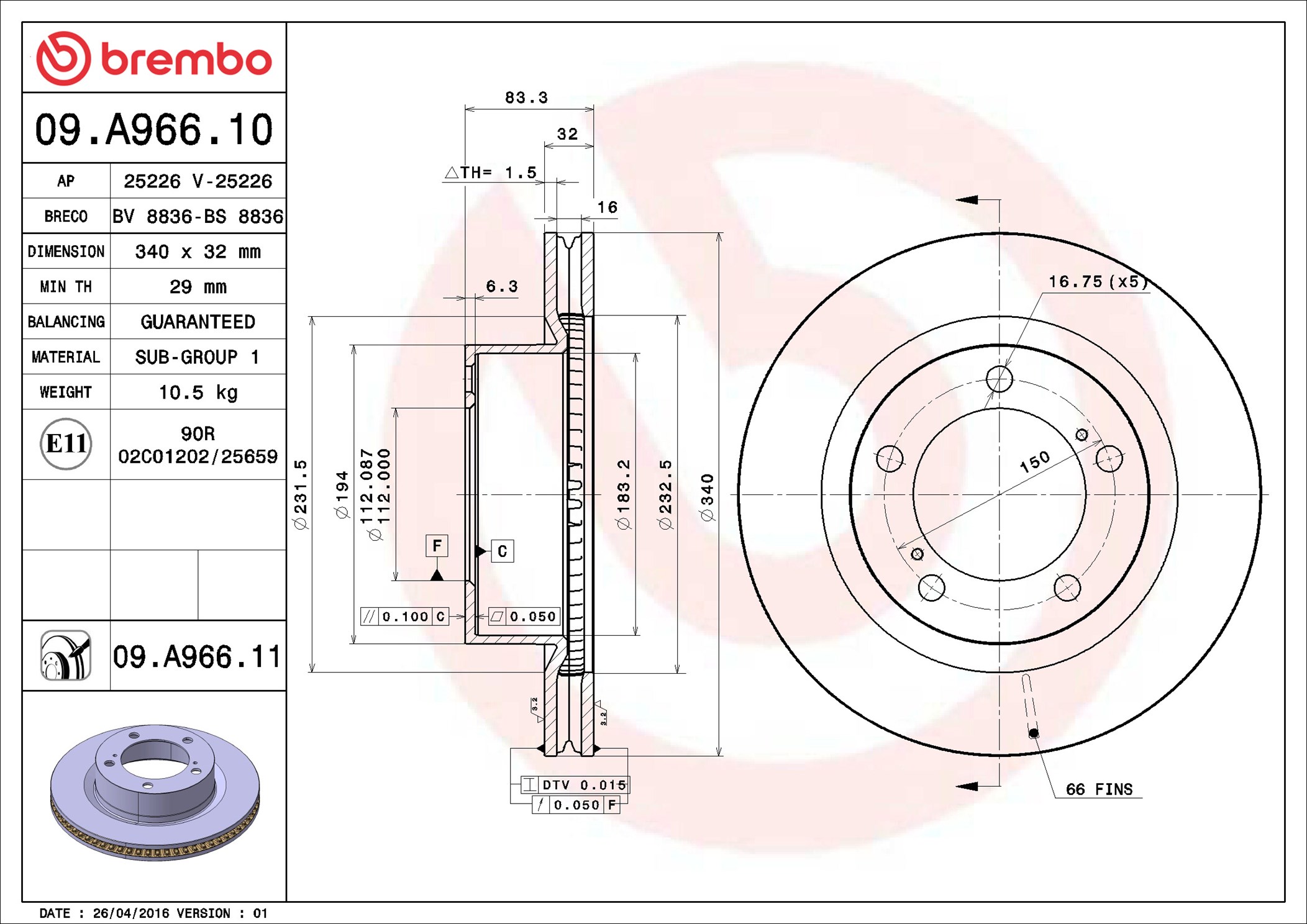 Brake Disc - 09.A966.11 BREMBO