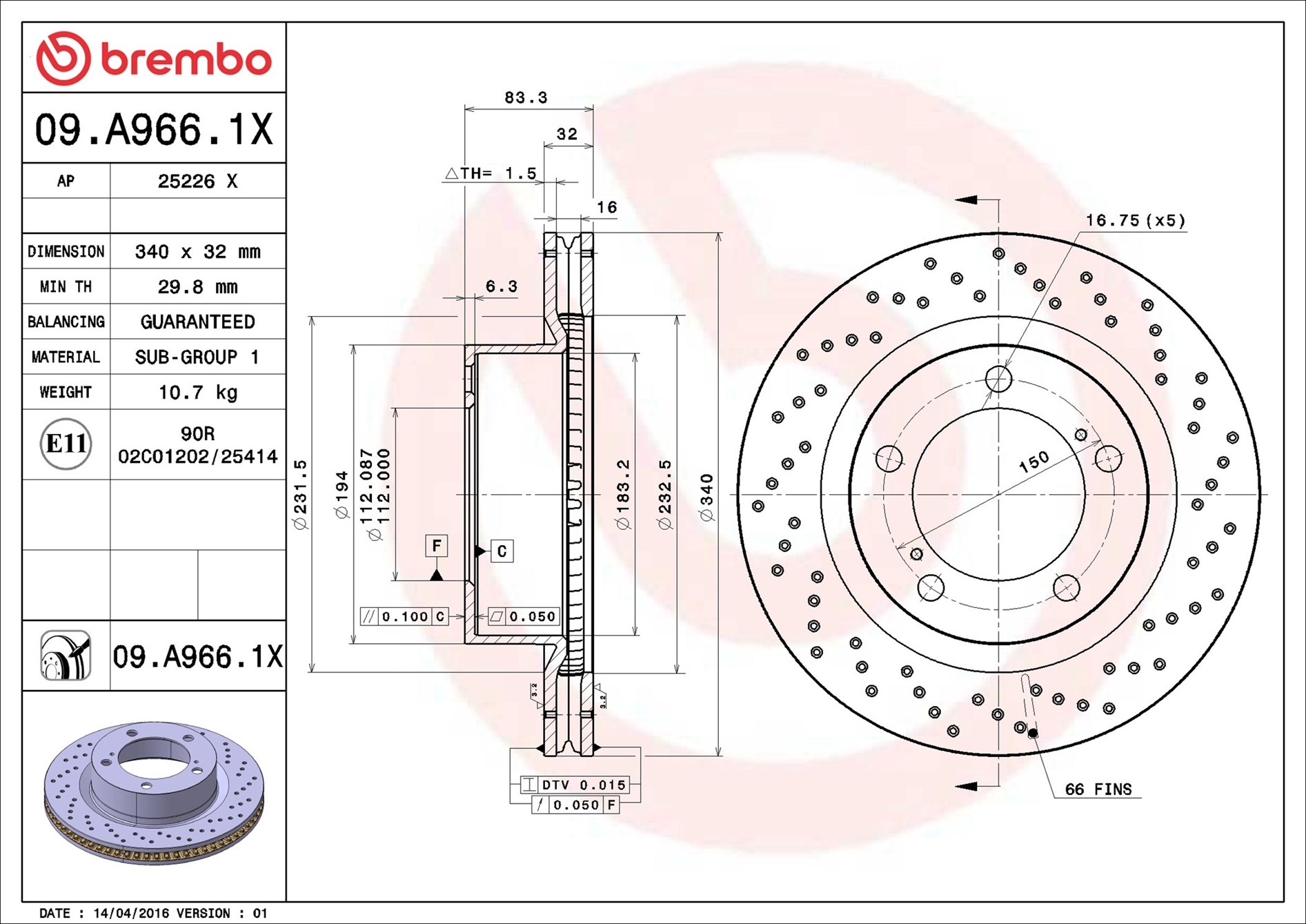 Brake Disc - 09.A966.1X BREMBO