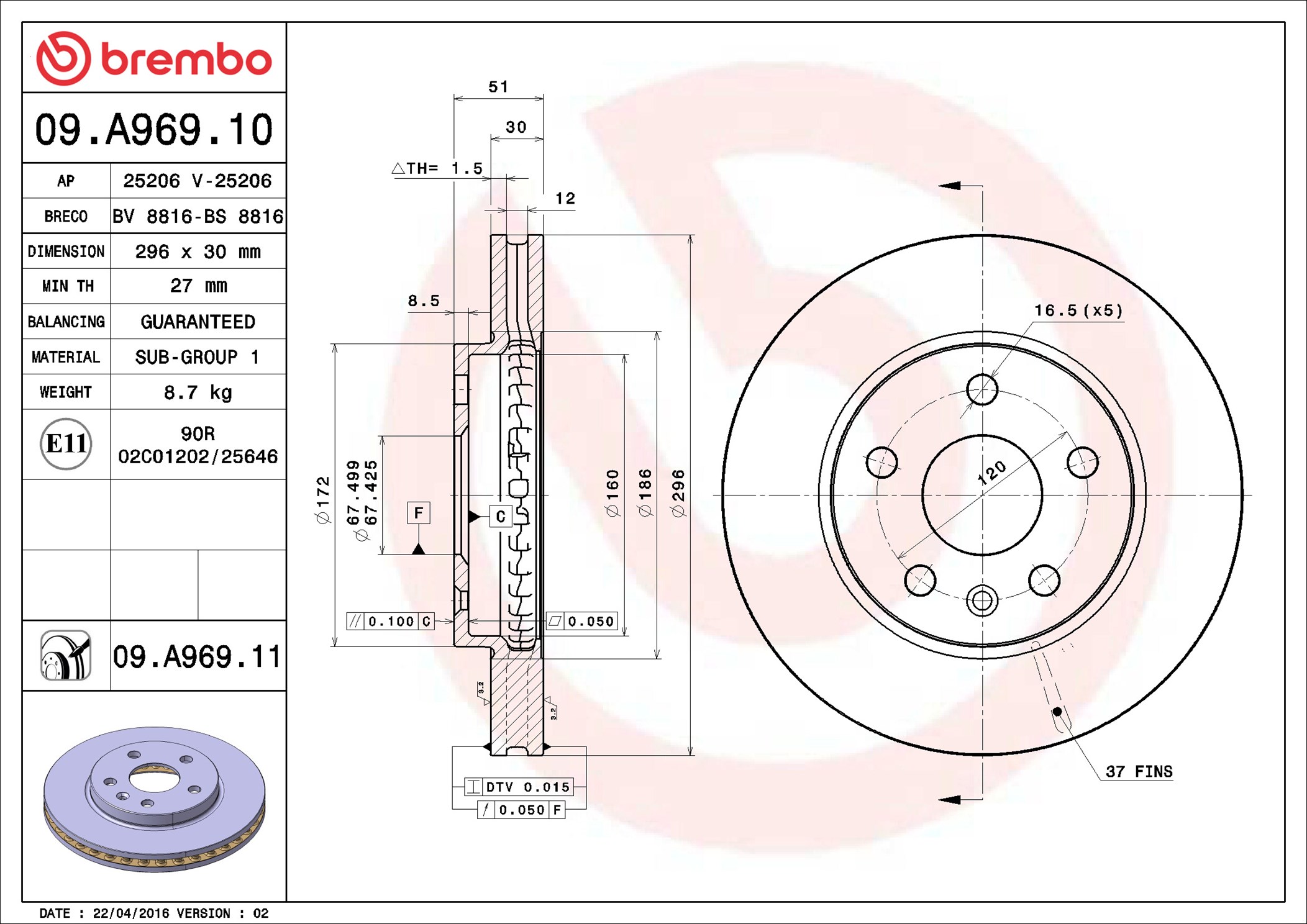 Bremsscheibe - 09.A969.11 BREMBO