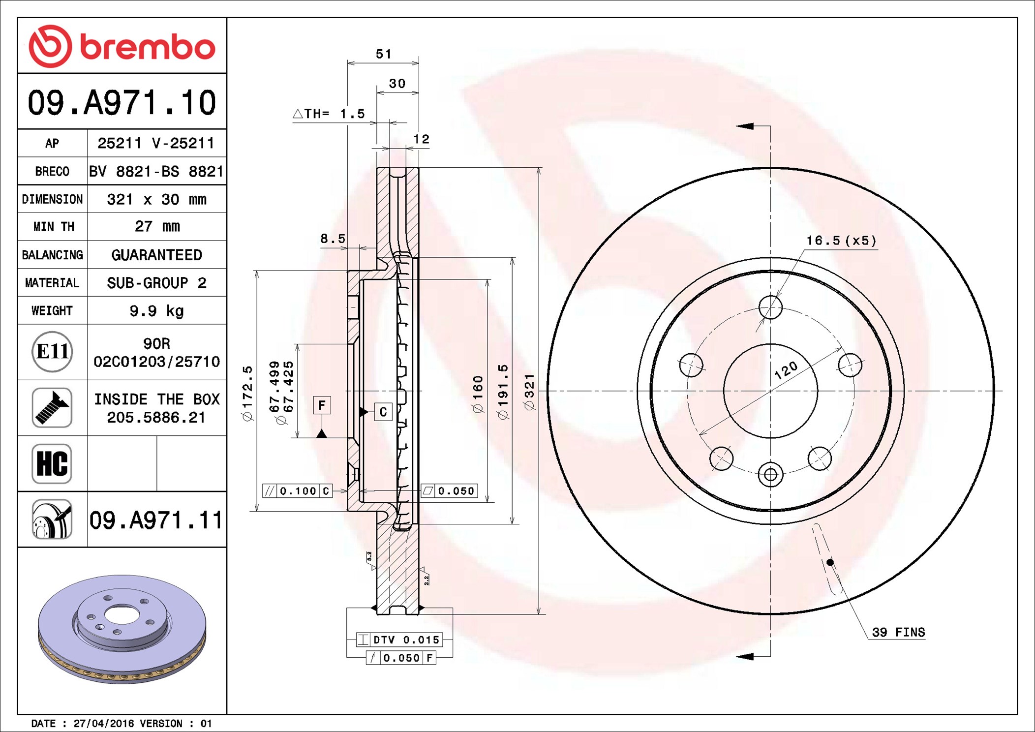 Brake Disc - 09.A971.11 BREMBO