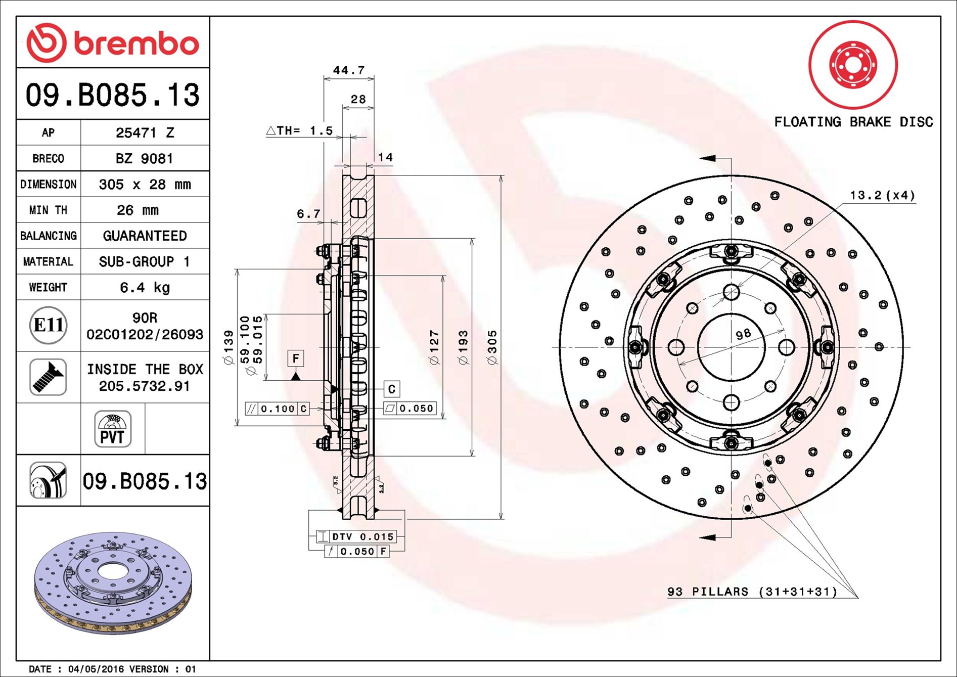 Brake Disc - 09.B085.13 BREMBO