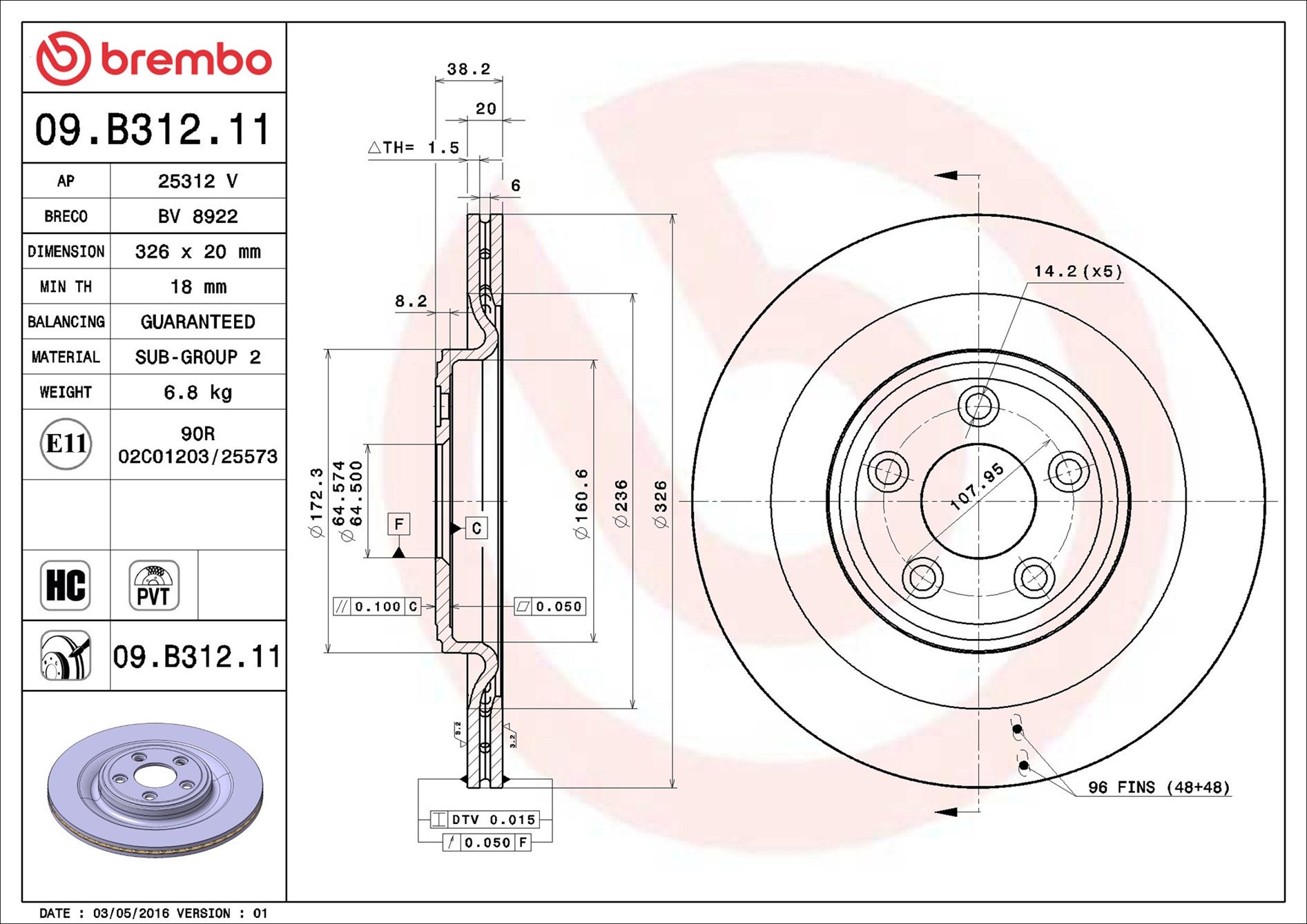 stabdžių diskas - 09.B312.11 BREMBO