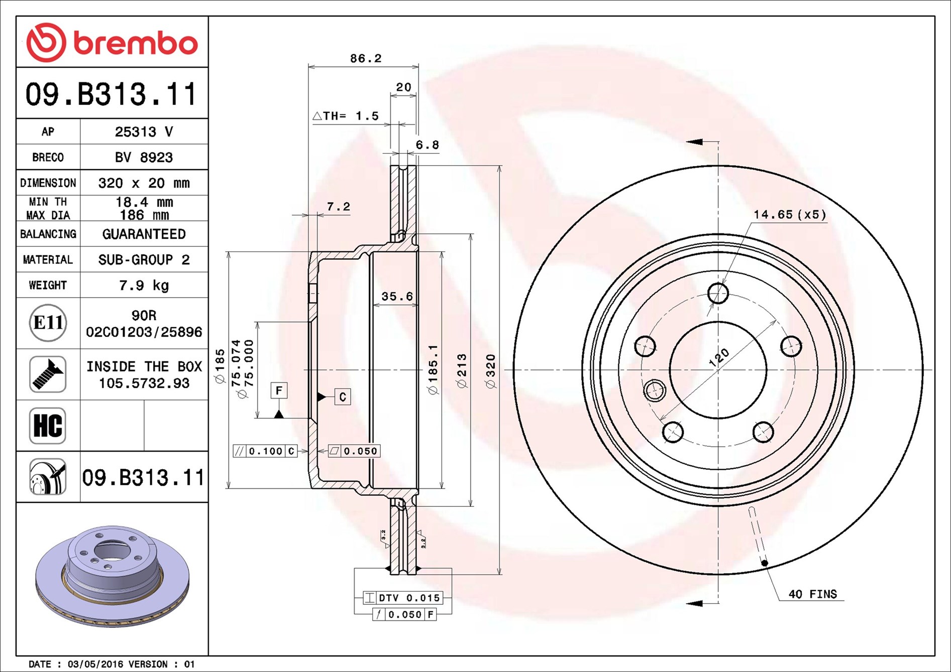 stabdžių diskas - 09.B313.11 BREMBO