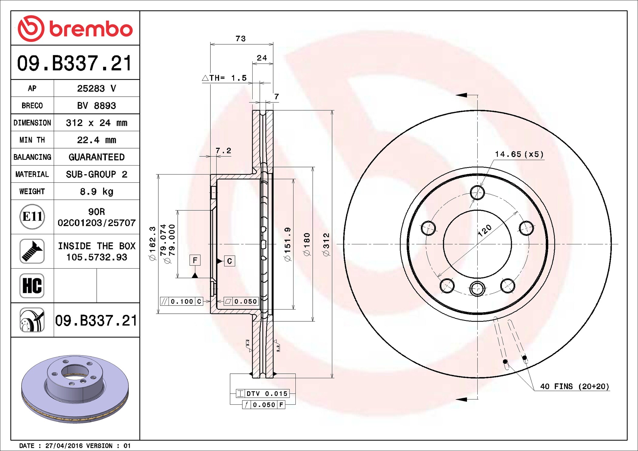 Brake Disc - 09.B337.21 BREMBO