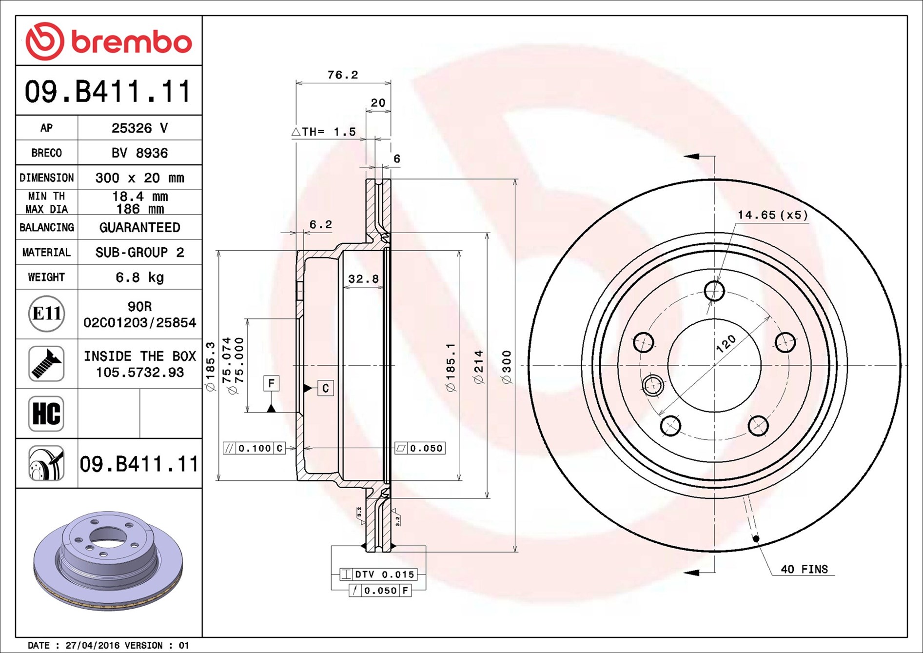 stabdžių diskas - 09.B411.11 BREMBO