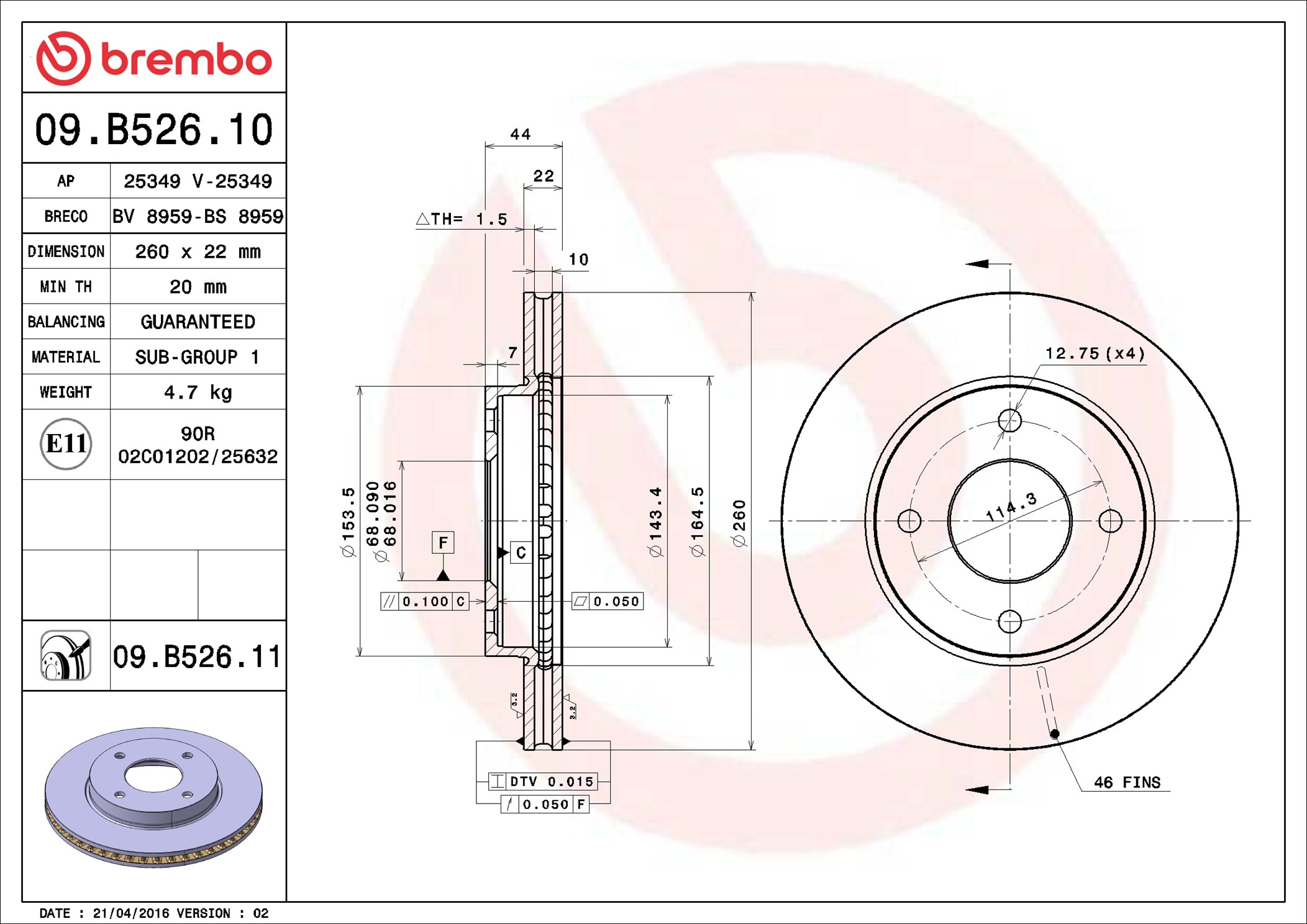 Тормозной диск - 09.B526.11 BREMBO