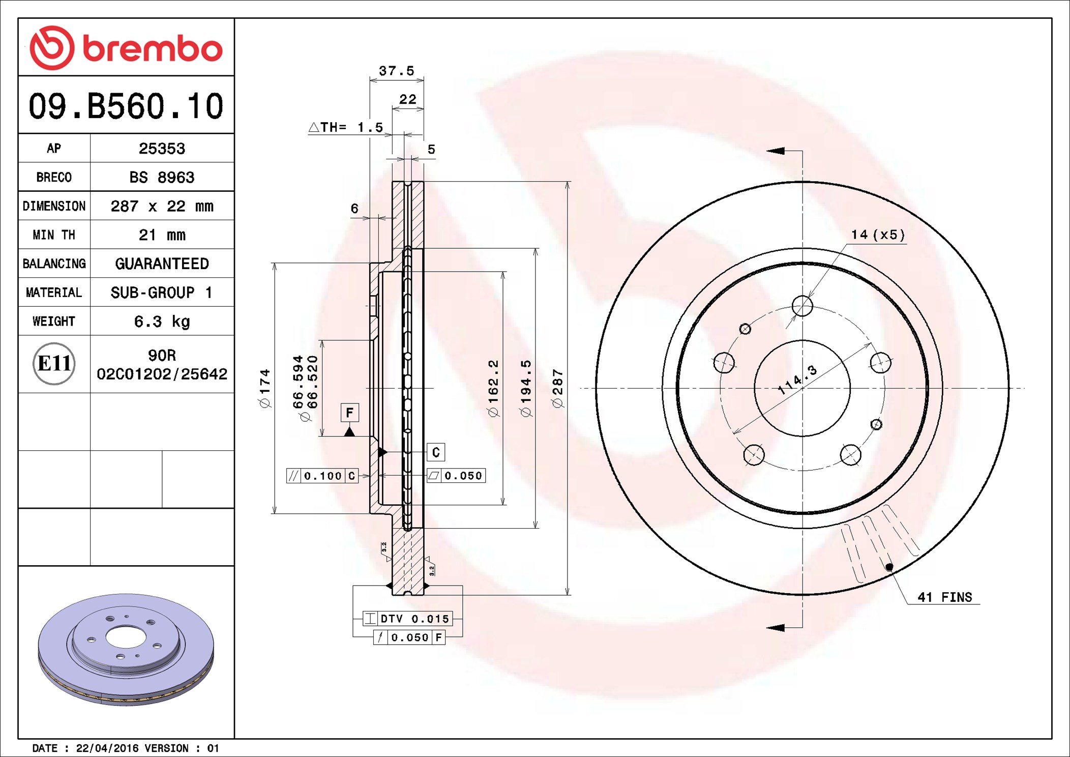 Brake Disc - 09.B560.10 BREMBO