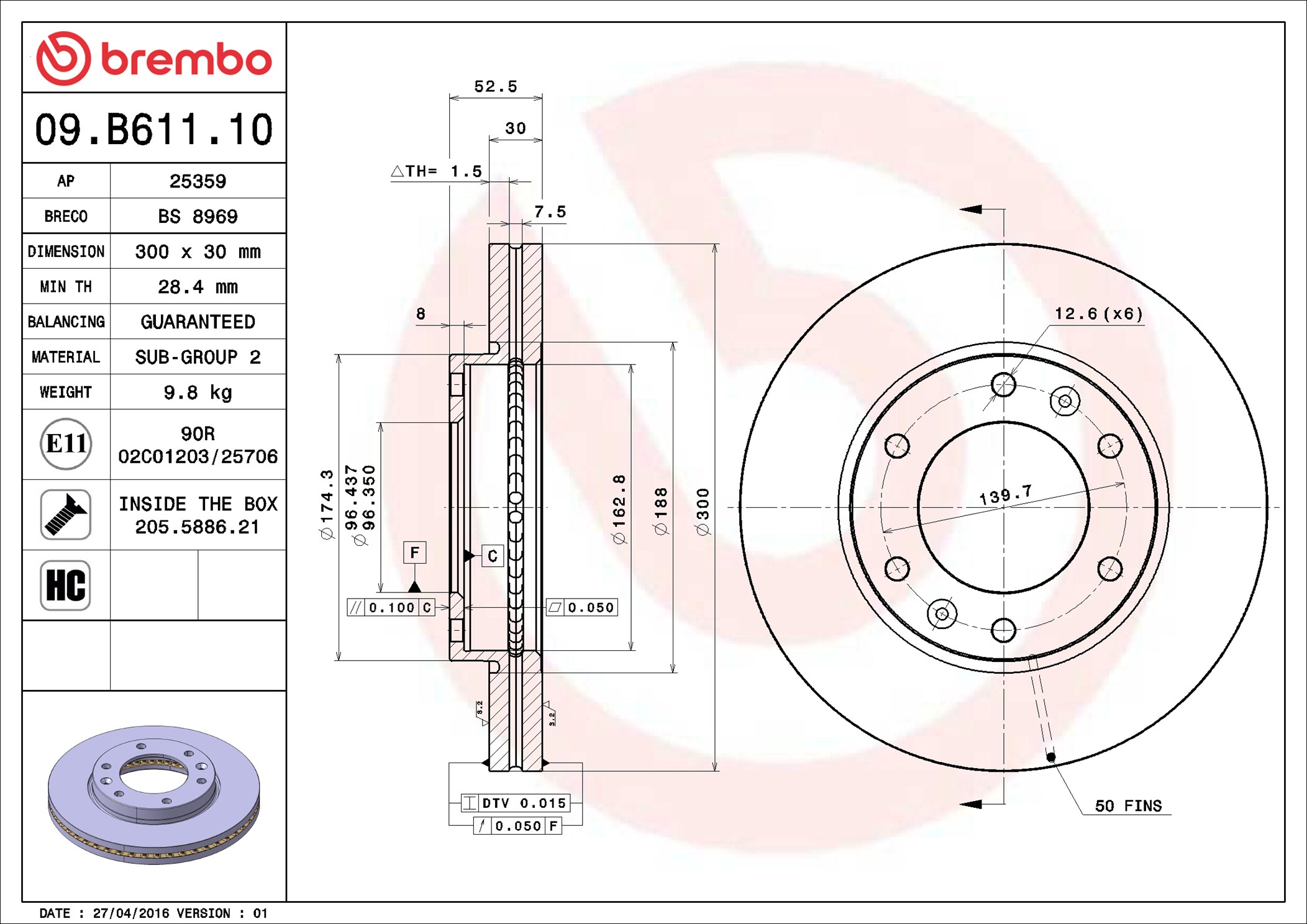 Тормозной диск - 09.B611.10 BREMBO