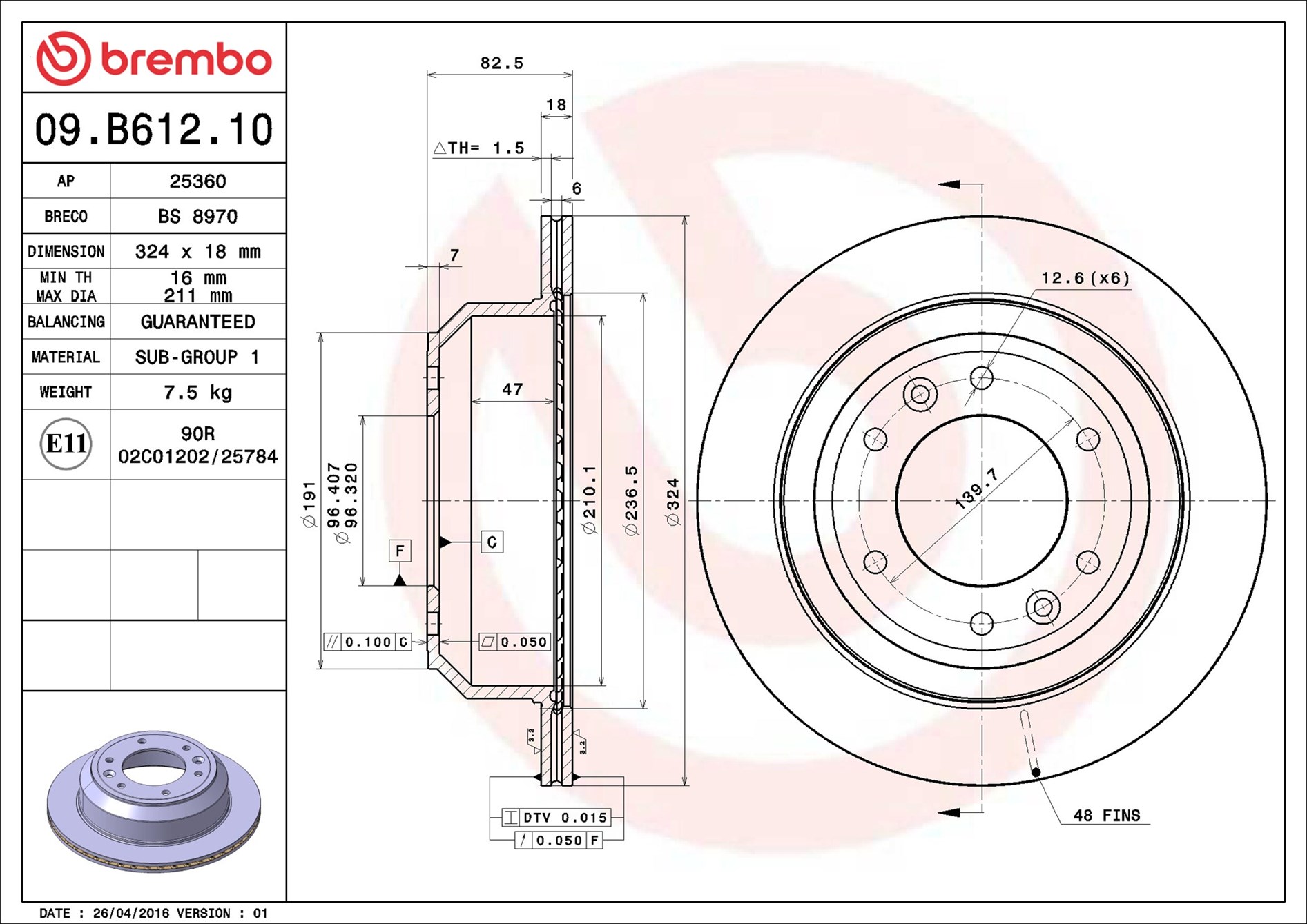 Brake Disc - 09.B612.10 BREMBO