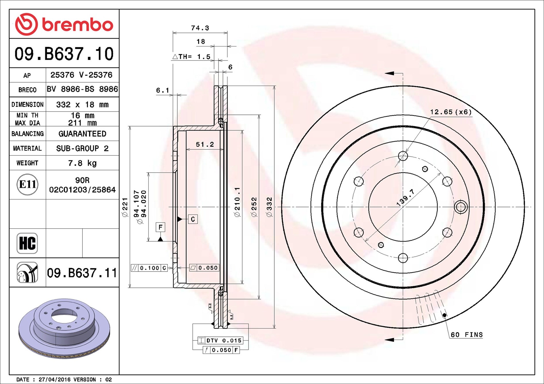 stabdžių diskas - 09.B637.11 BREMBO
