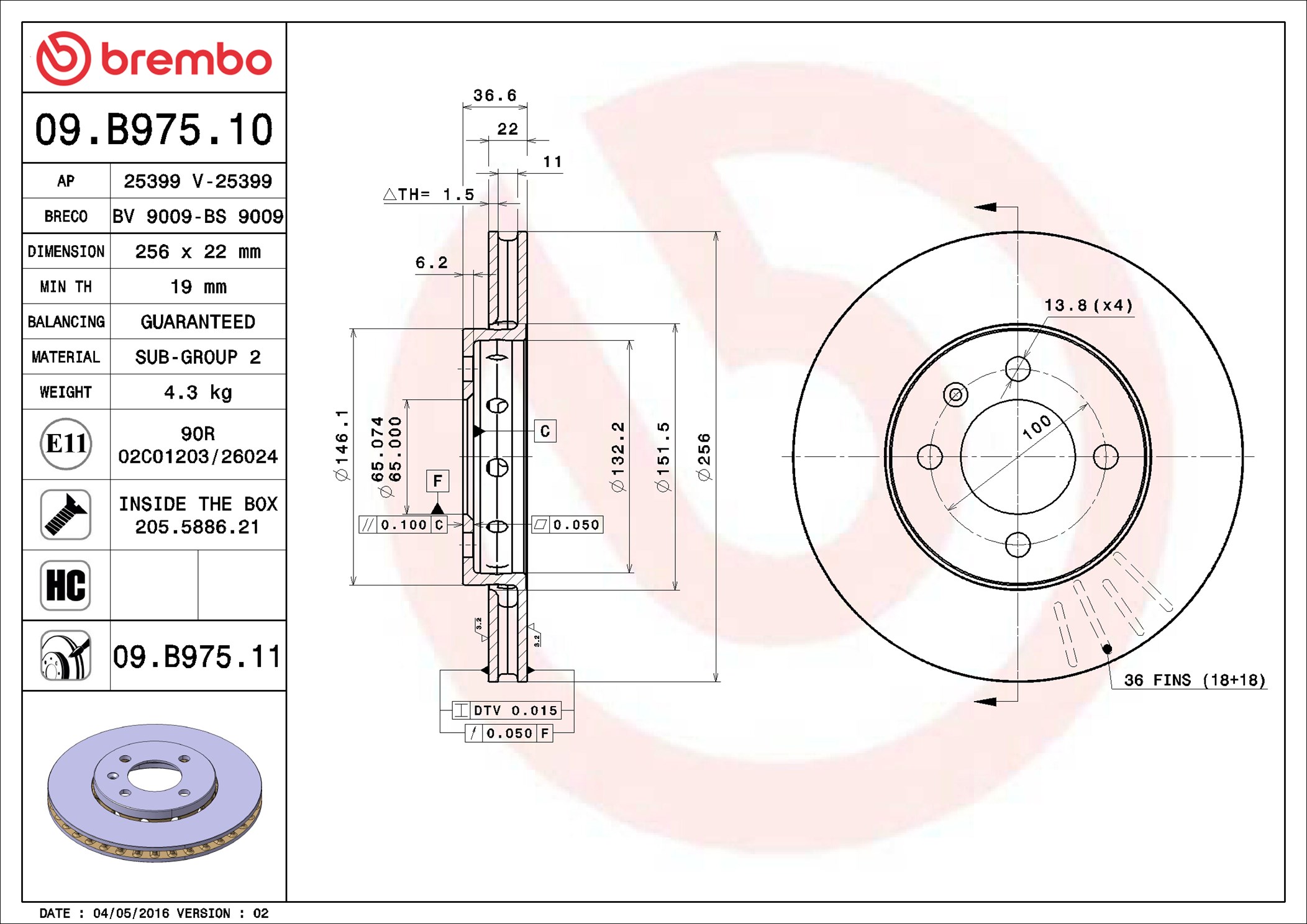 Brake Disc - 09.B975.11 BREMBO