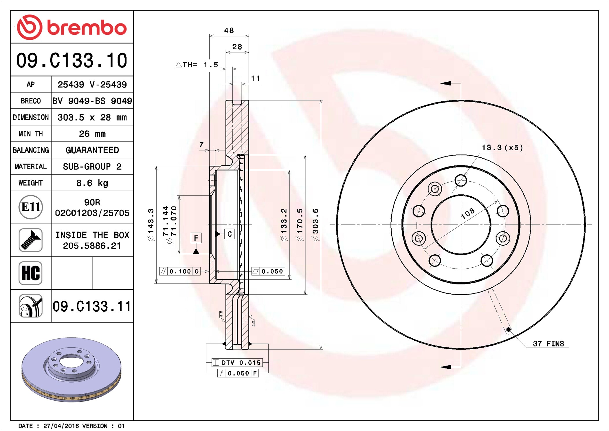 Bremsscheibe - 09.C133.11 BREMBO