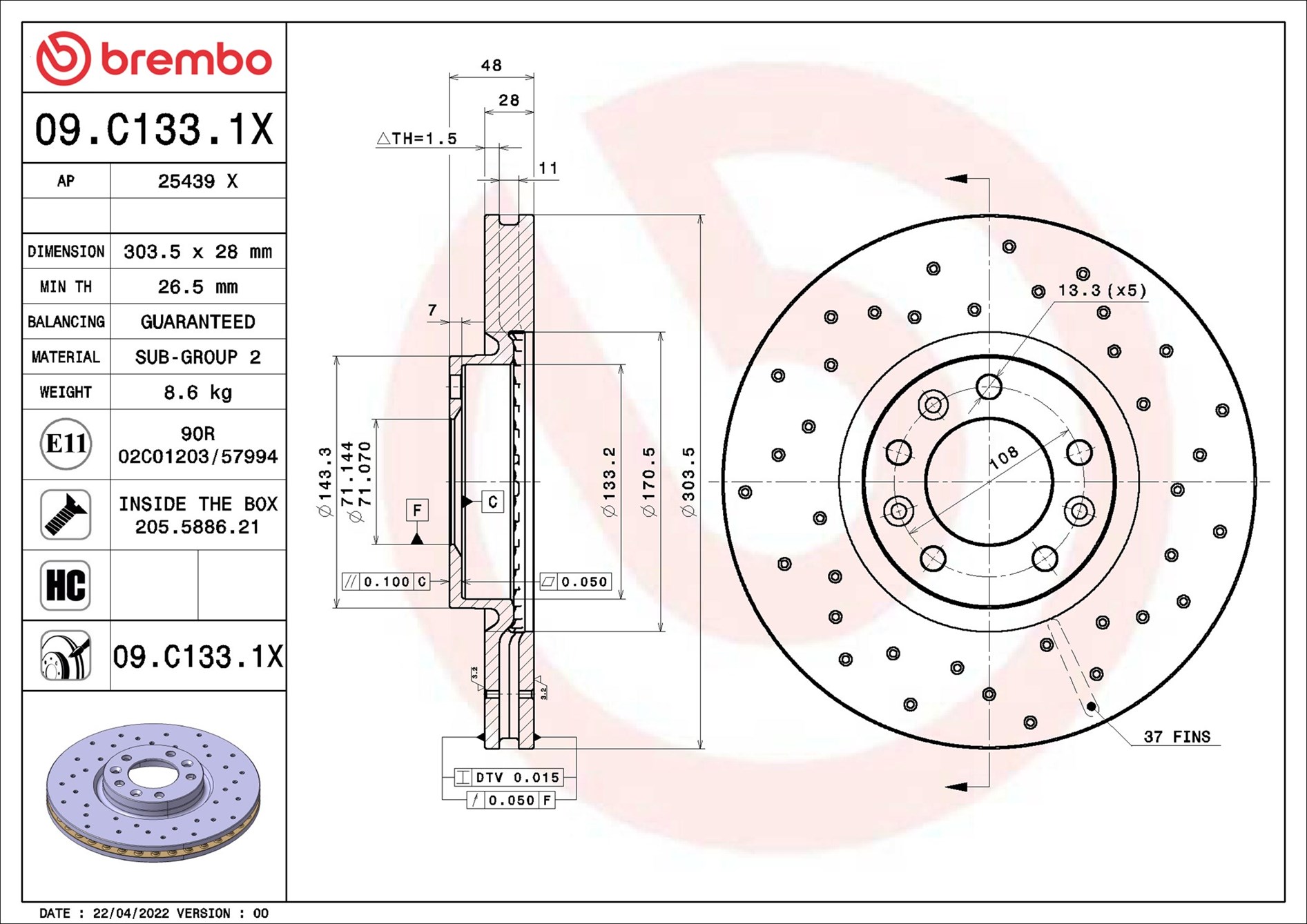 Bremsscheibe - 09.C133.1X BREMBO