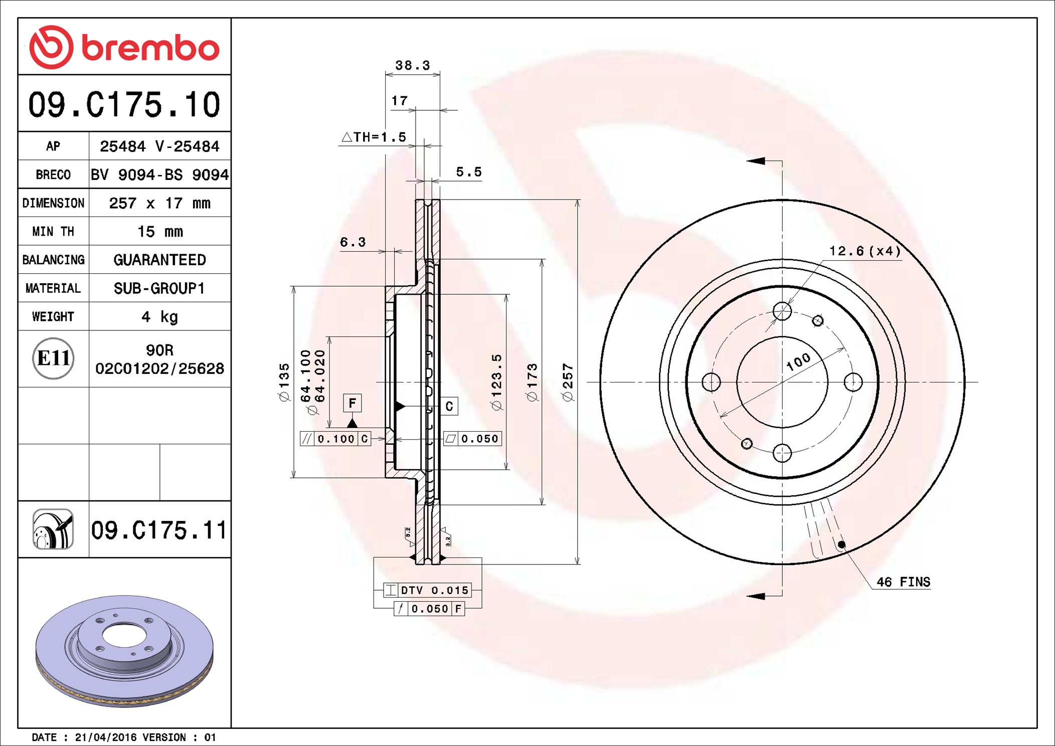 Brake Disc - 09.C175.11 BREMBO