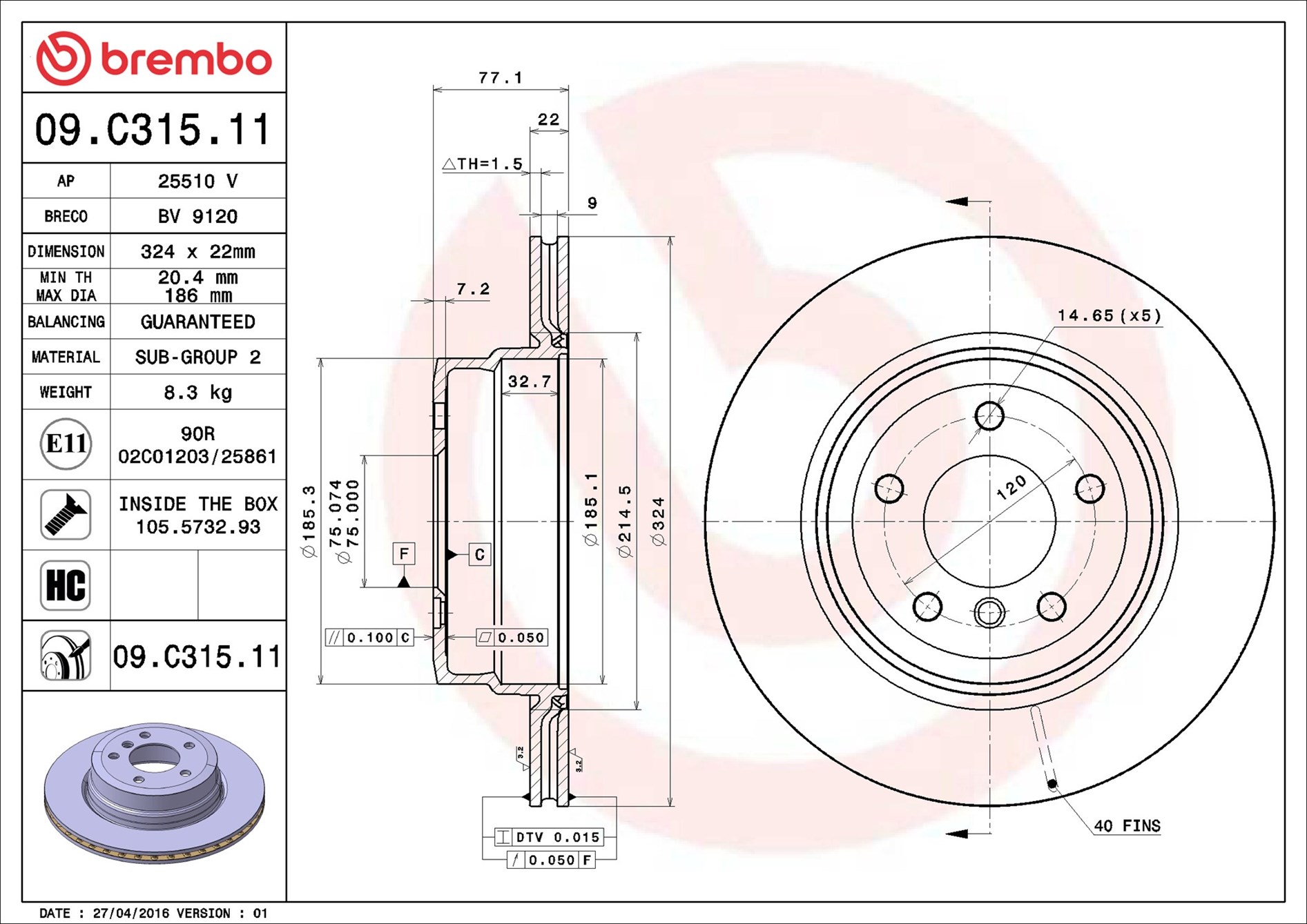 stabdžių diskas - 09.C315.11 BREMBO