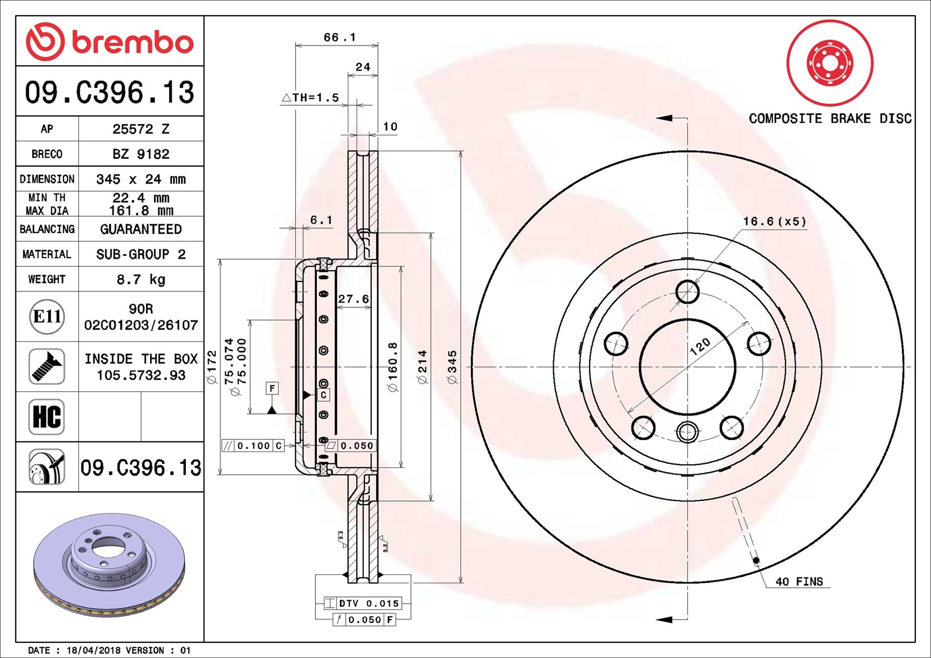 Тормозной диск - 09.C396.13 BREMBO