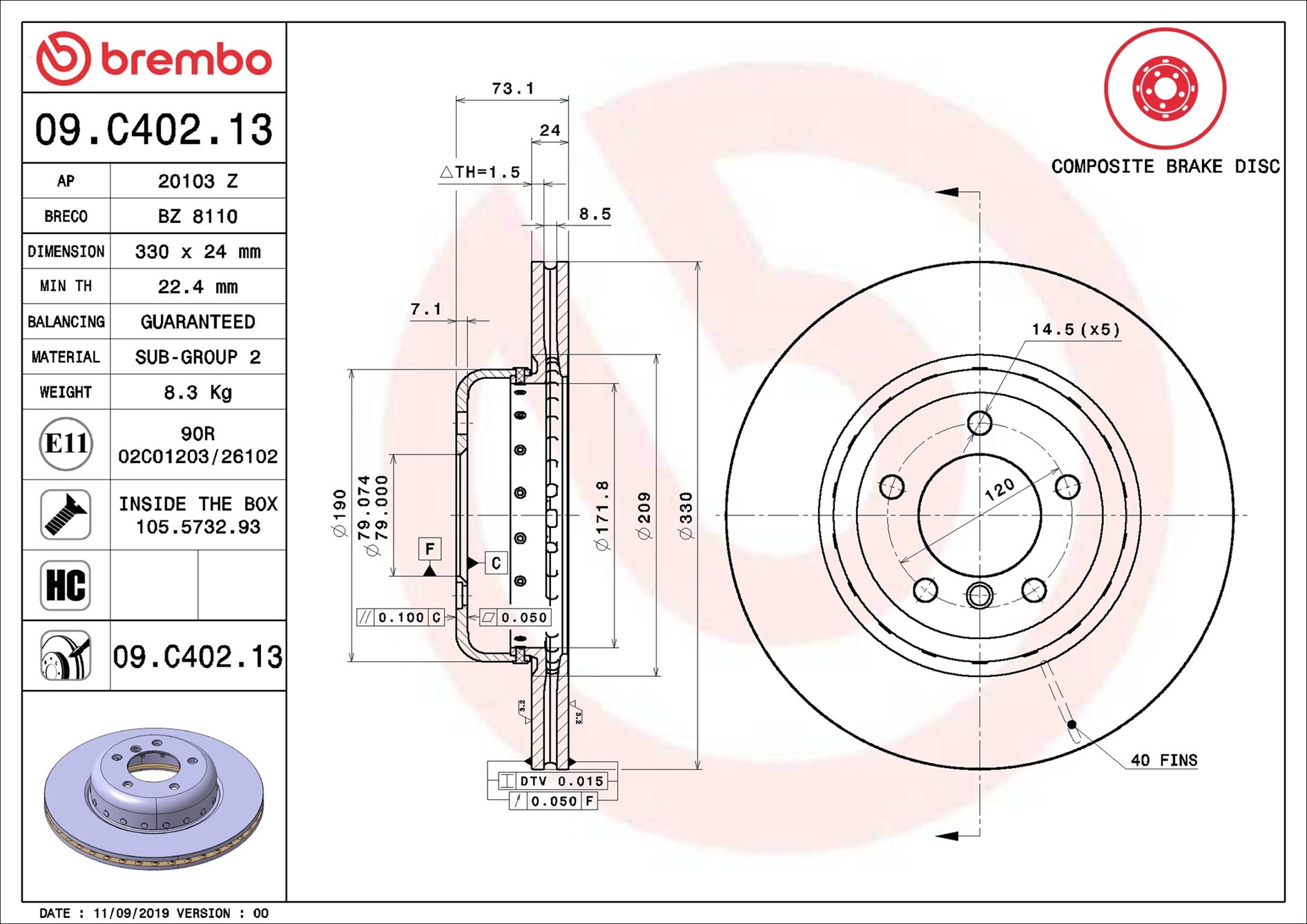 stabdžių diskas - 09.C402.13 BREMBO