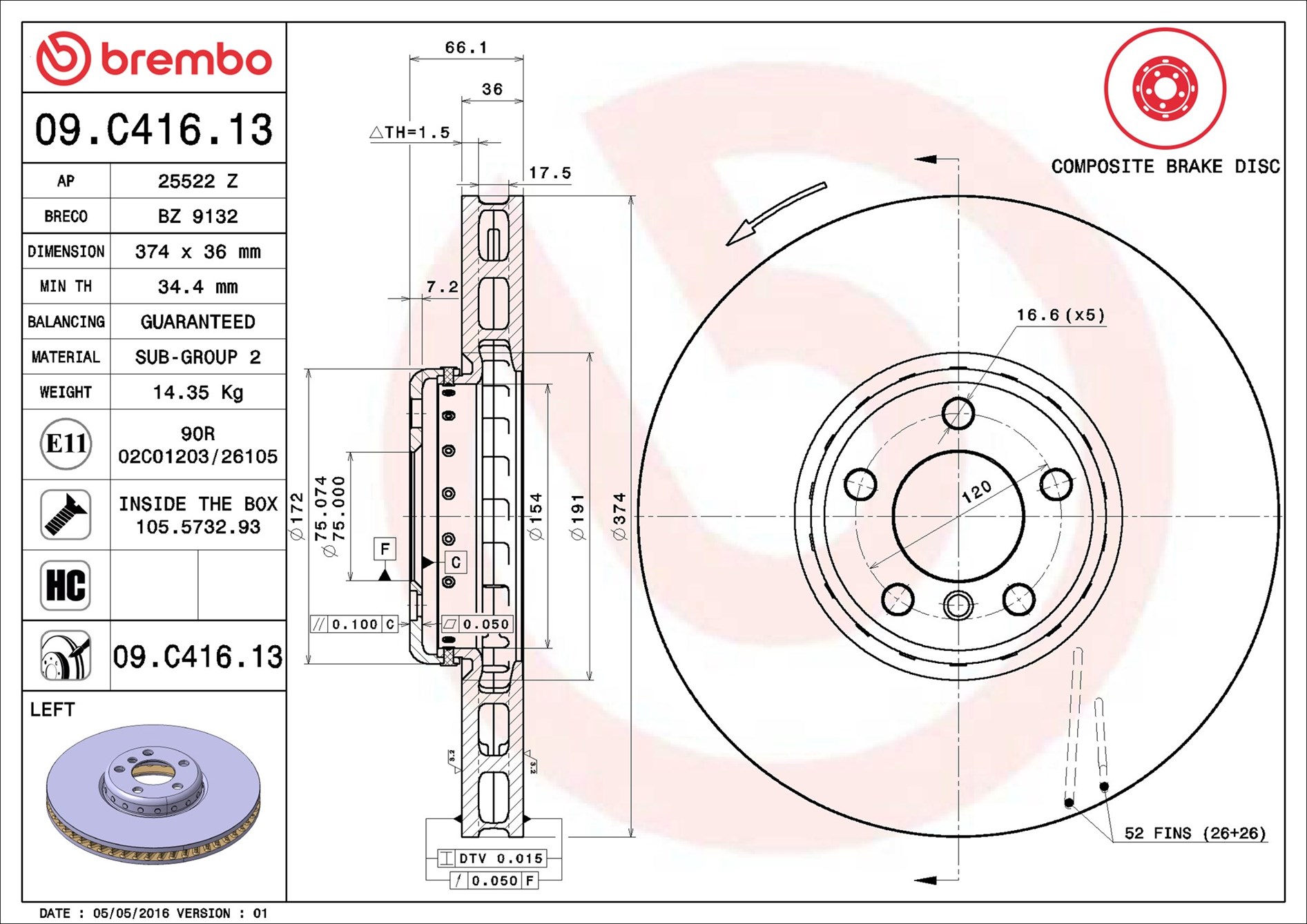 stabdžių diskas - 09.C416.13 BREMBO
