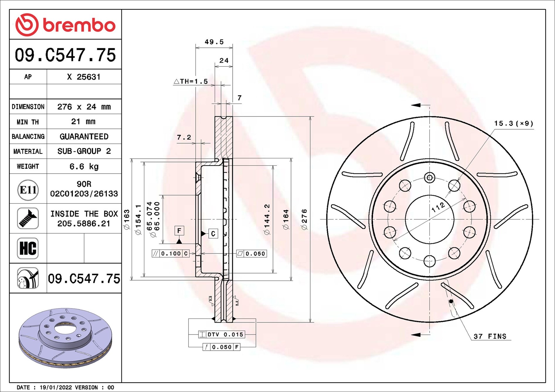 stabdžių diskas - 09.C547.75 BREMBO