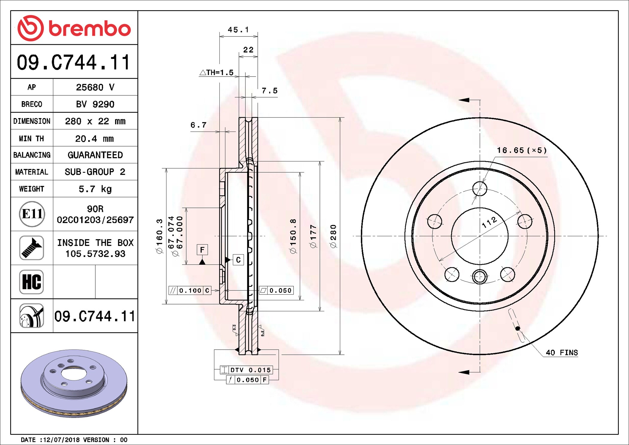 stabdžių diskas - 09.C744.11 BREMBO