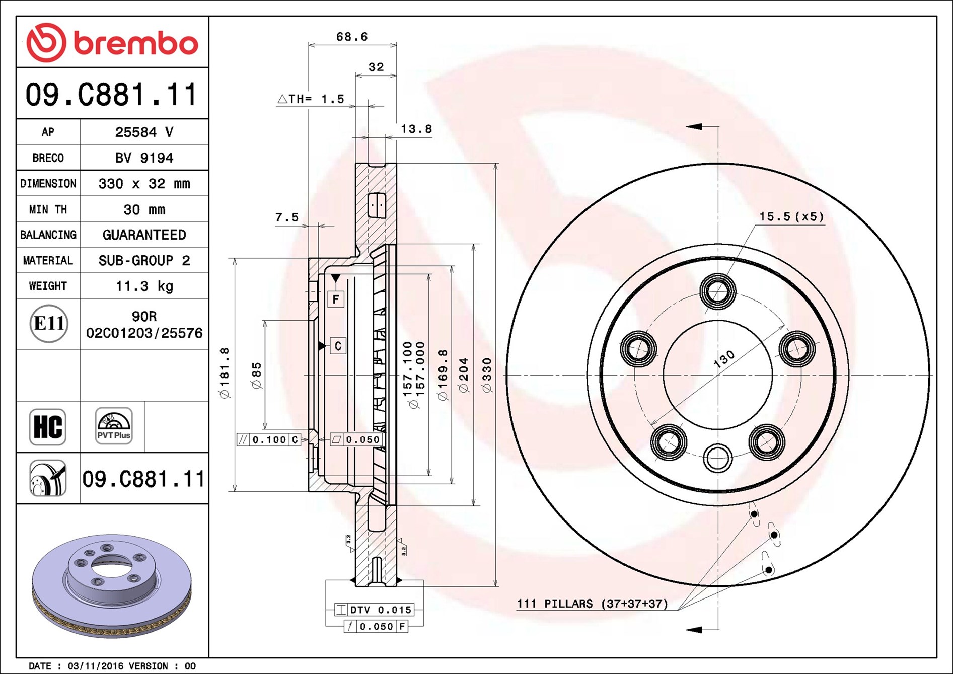 Brake Disc - 09.C881.11 BREMBO