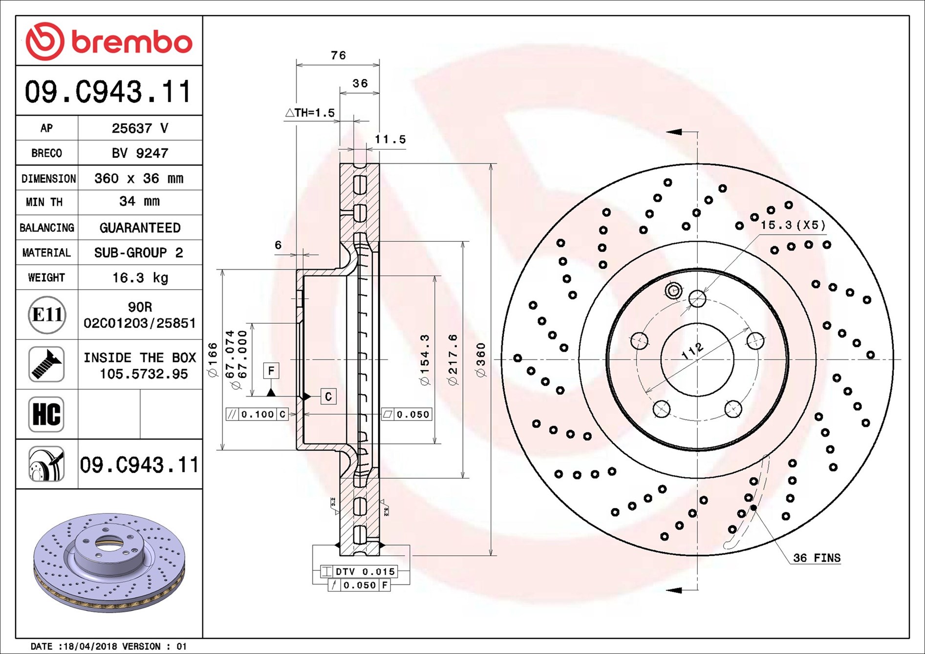 Brake Disc - 09.C943.11 BREMBO