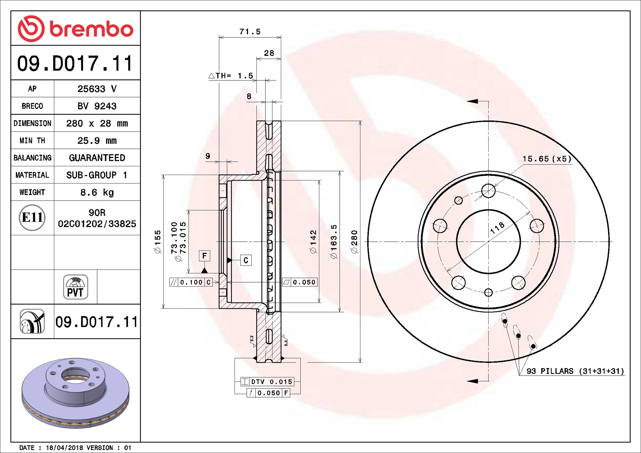 Brake Disc - 09.D017.11 BREMBO