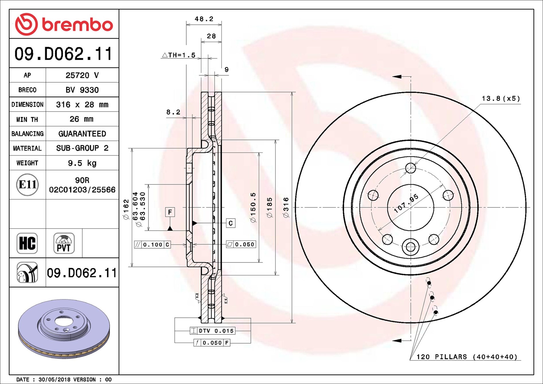 stabdžių diskas - 09.D062.11 BREMBO