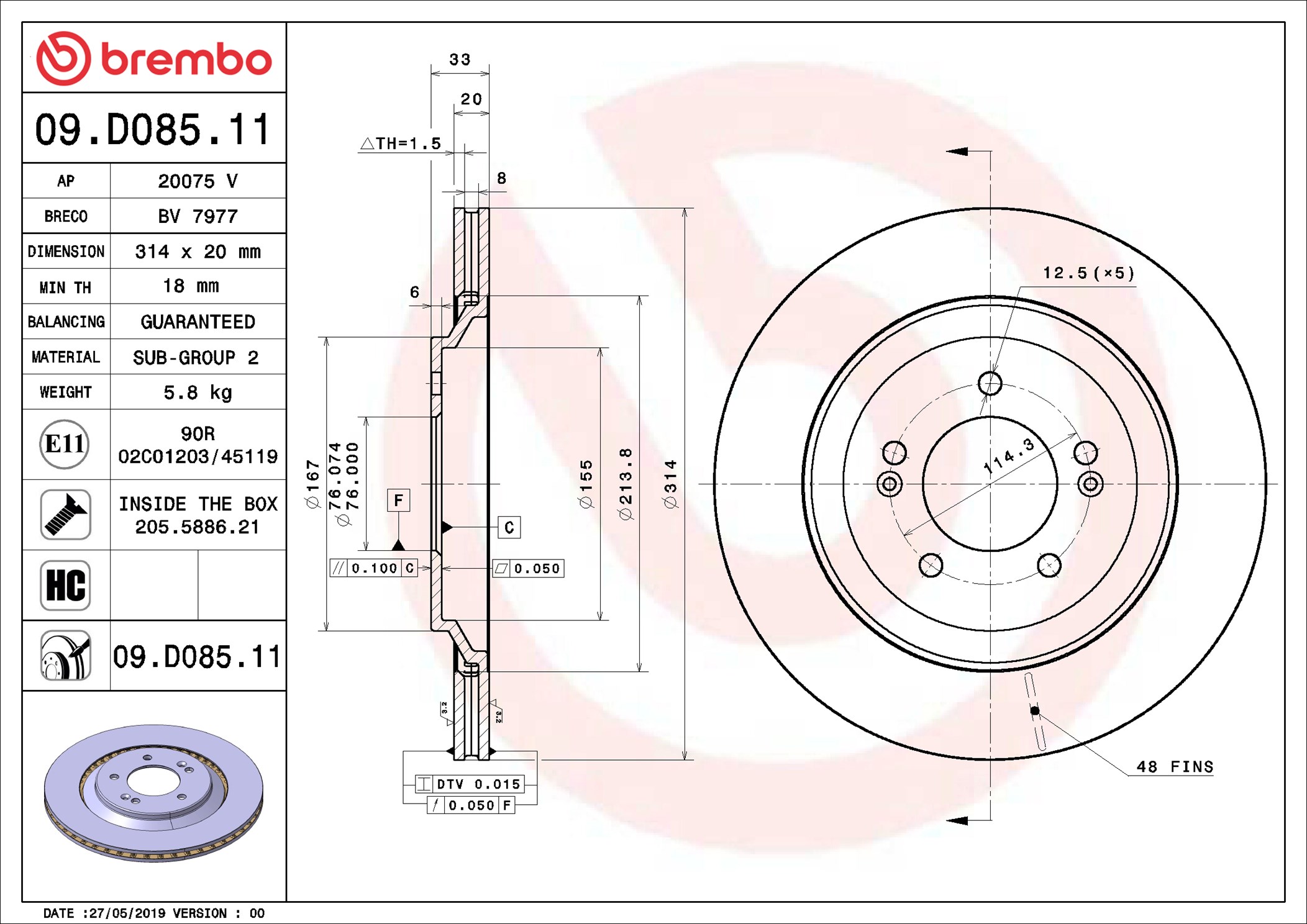 stabdžių diskas - 09.D085.11 BREMBO