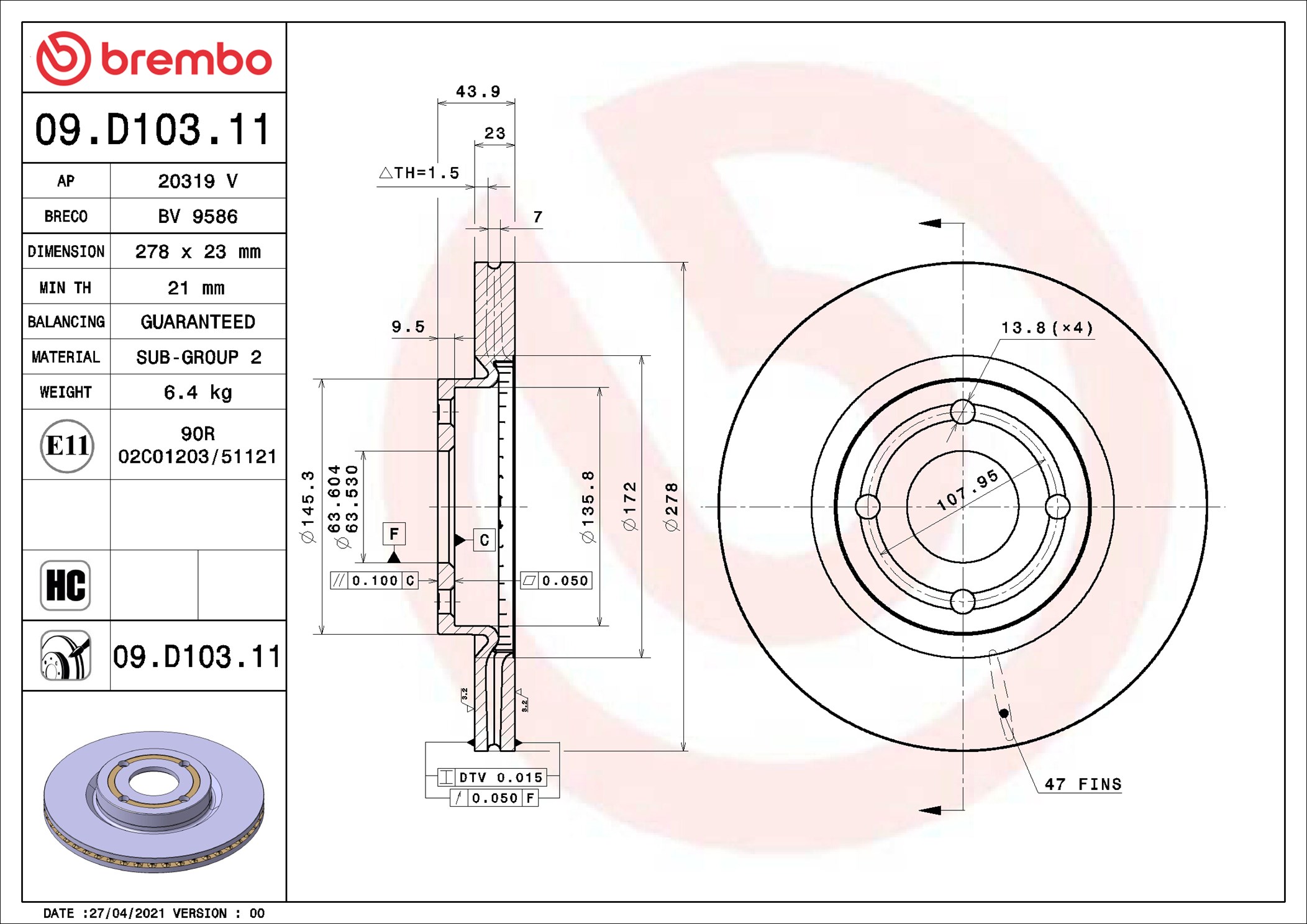 Тормозной диск - 09.D103.11 BREMBO