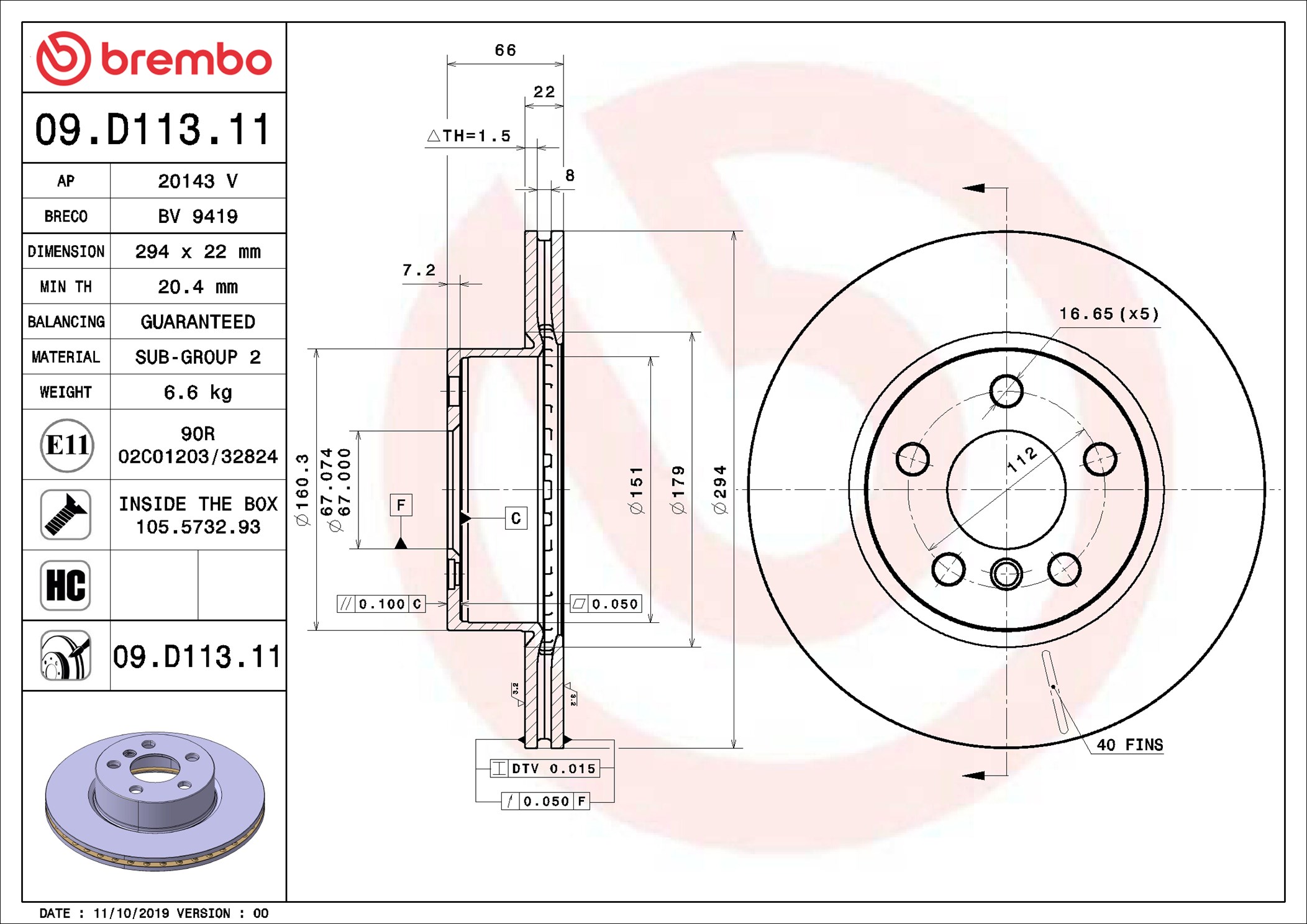 Brake Disc - 09.D113.11 BREMBO