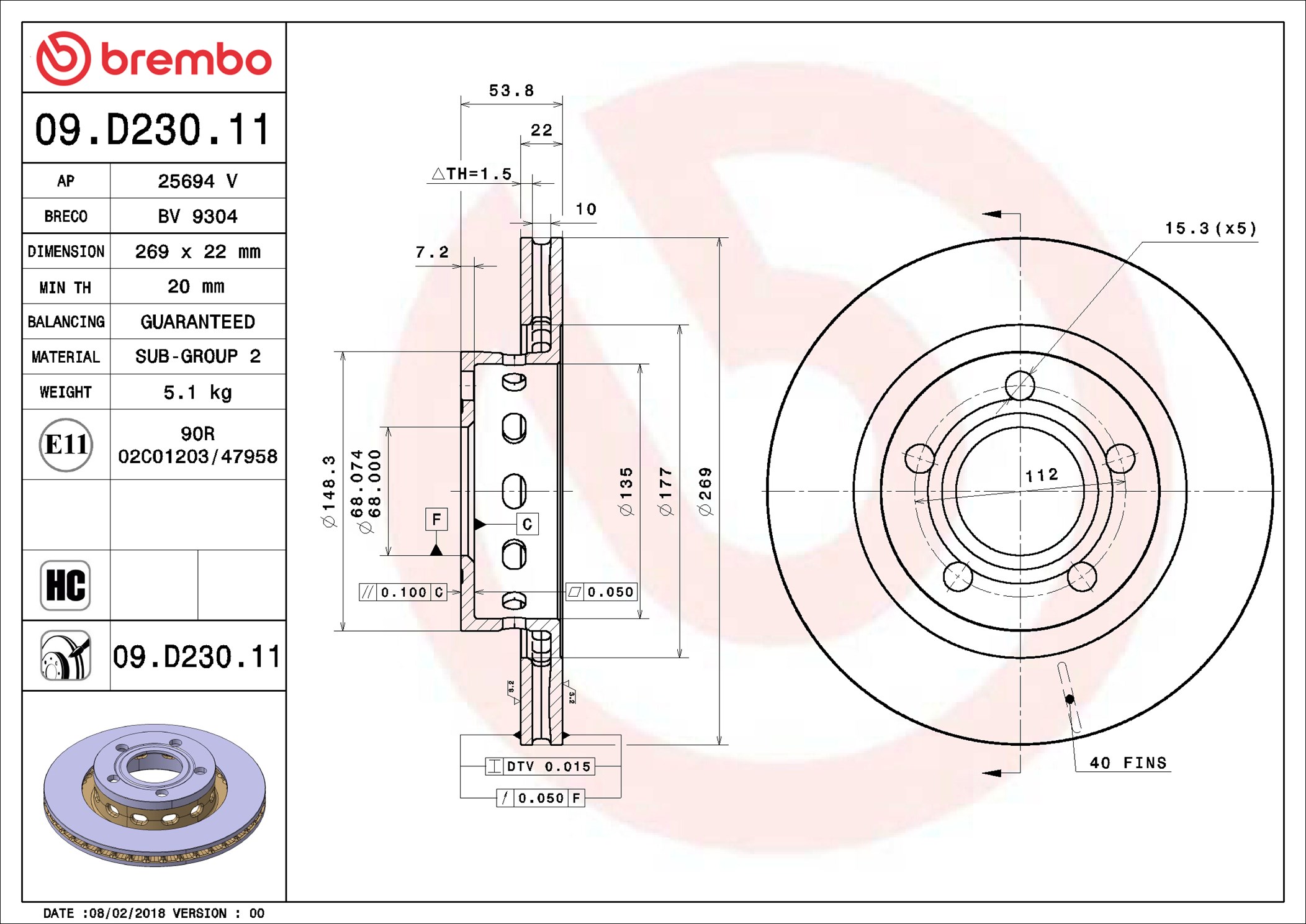 stabdžių diskas - 09.D230.11 BREMBO