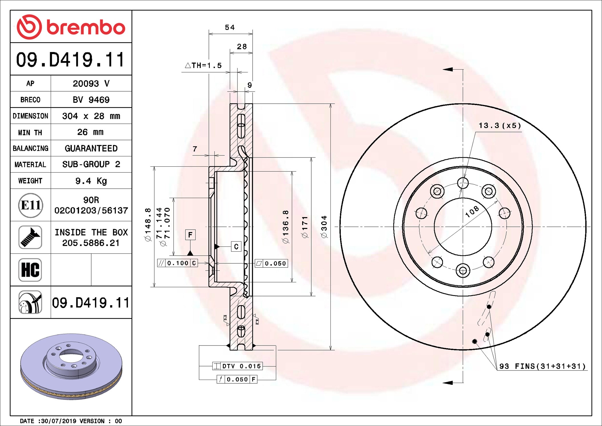 stabdžių diskas - 09.D419.11 BREMBO
