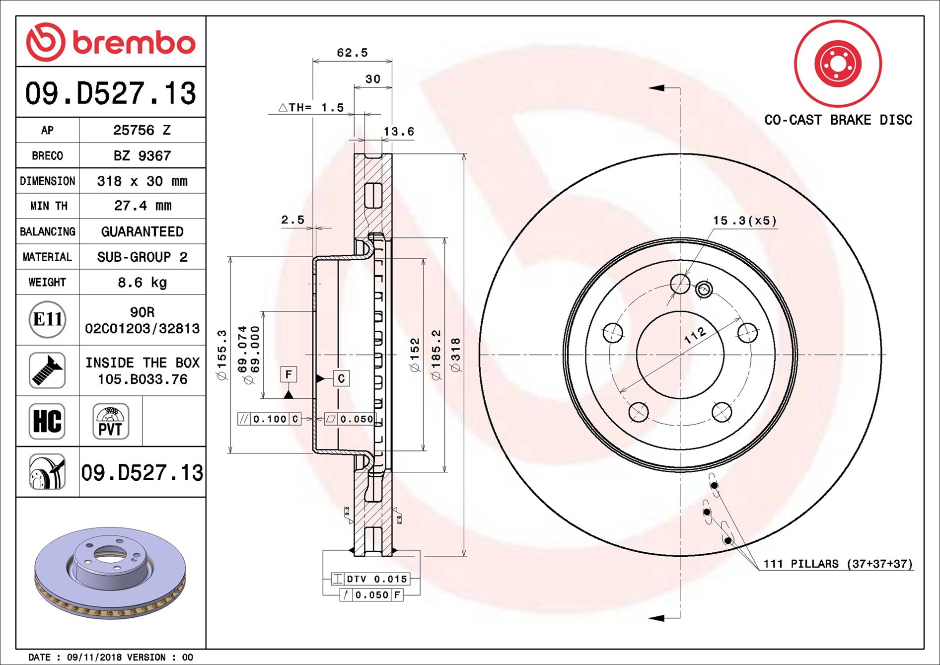 Тормозной диск - 09.D527.13 BREMBO