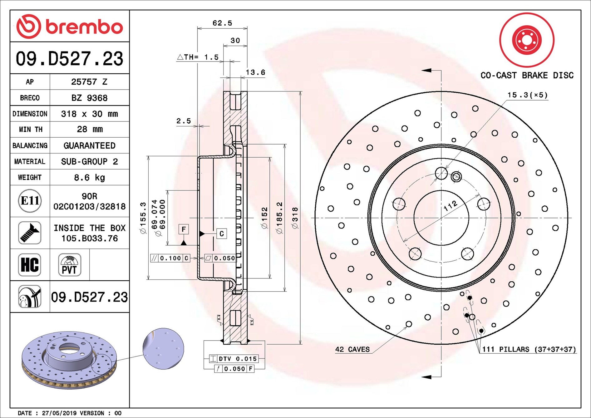 Тормозной диск - 09.D527.23 BREMBO