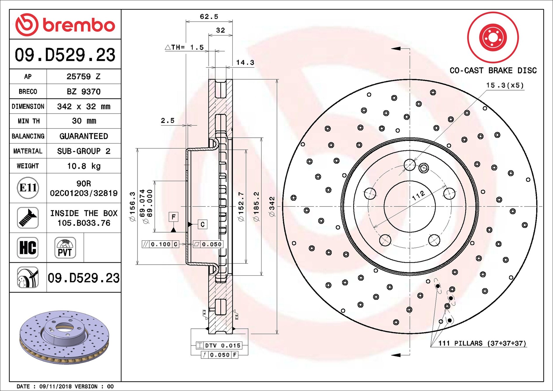 Тормозной диск - 09.D529.23 BREMBO