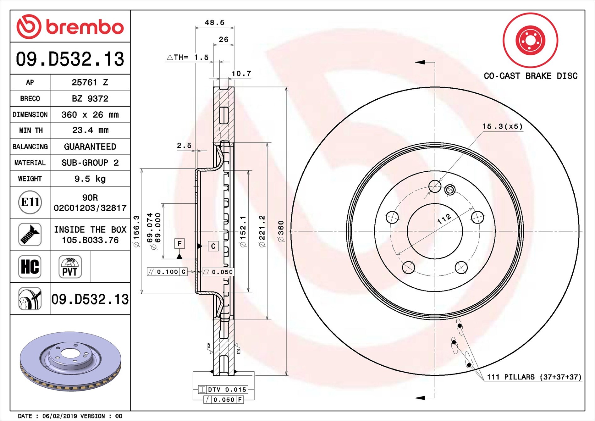 stabdžių diskas - 09.D532.13 BREMBO