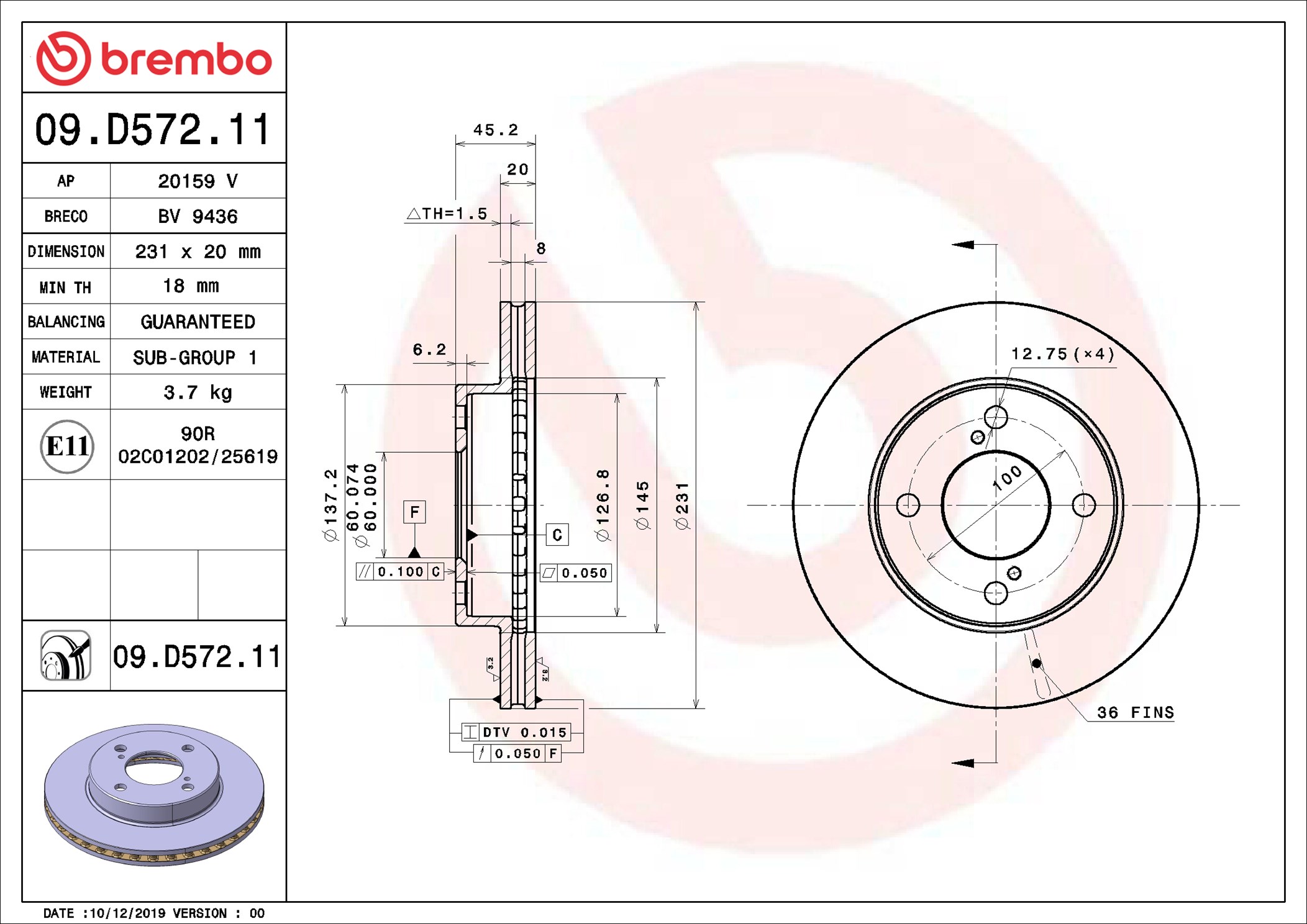 stabdžių diskas - 09.D572.11 BREMBO