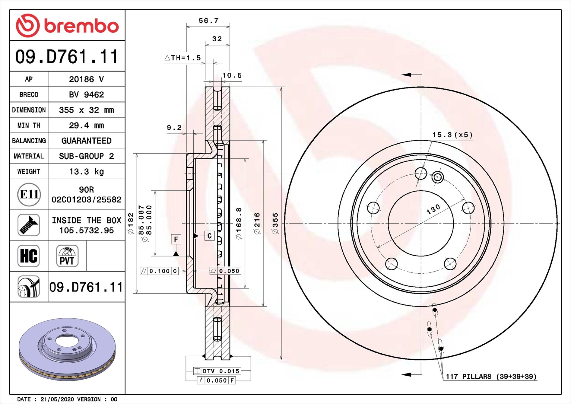 stabdžių diskas - 09.D761.11 BREMBO