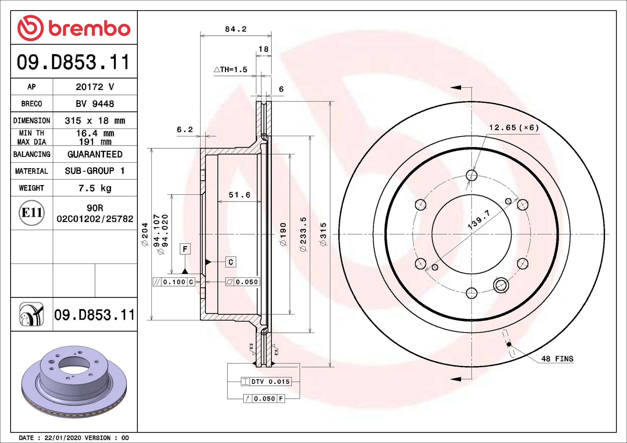 stabdžių diskas - 09.D853.11 BREMBO