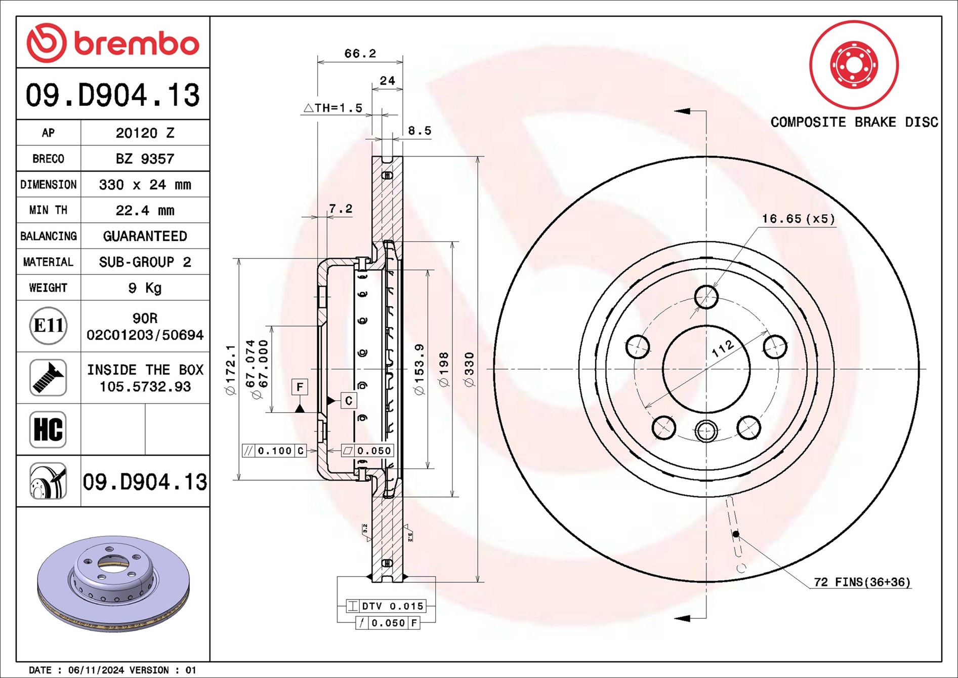 Brake Disc - 09.D904.13 BREMBO