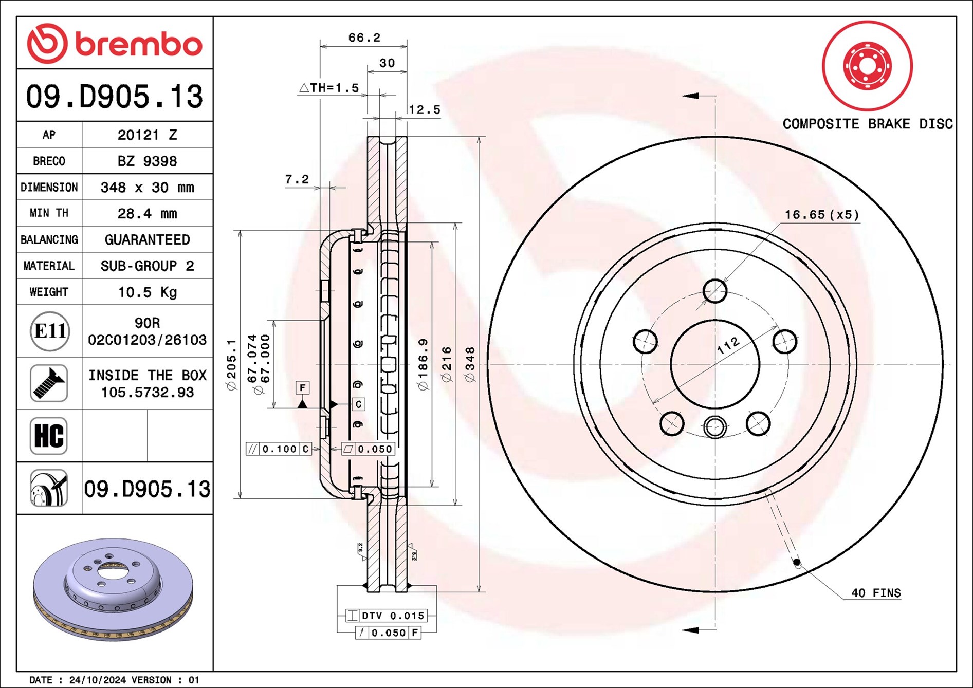Brake Disc - 09.D905.13 BREMBO
