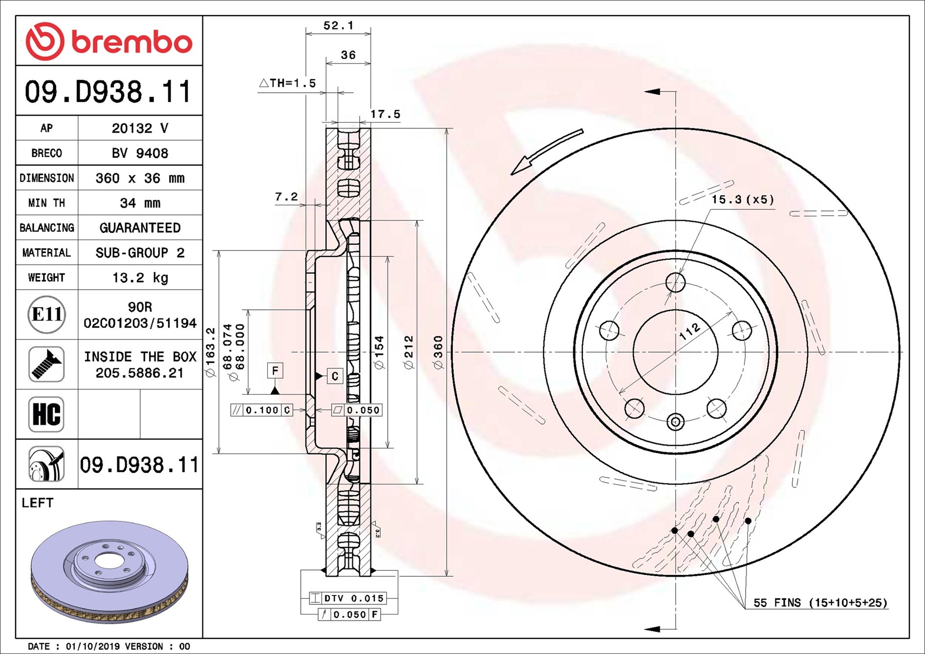 Brake Disc - 09.D938.11 BREMBO