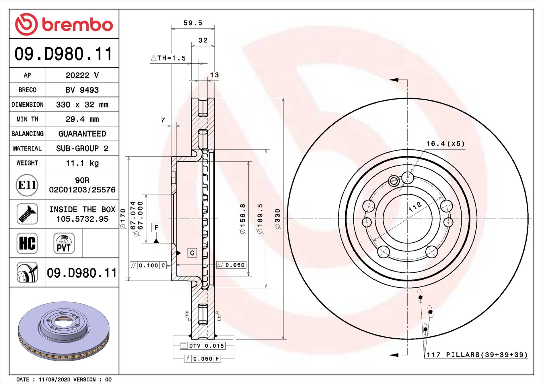 Brake Disc - 09.D980.11 BREMBO