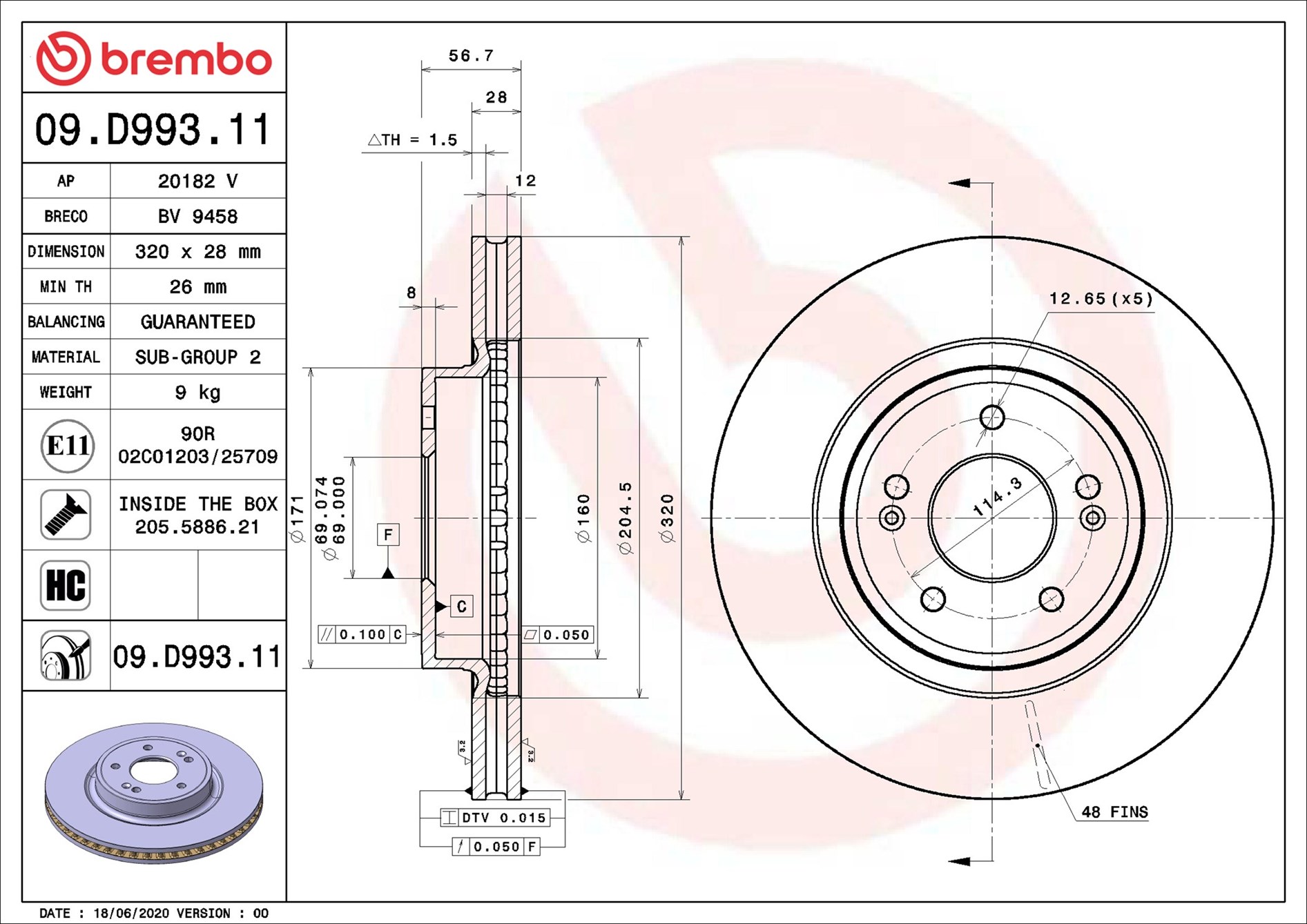 stabdžių diskas - 09.D993.11 BREMBO