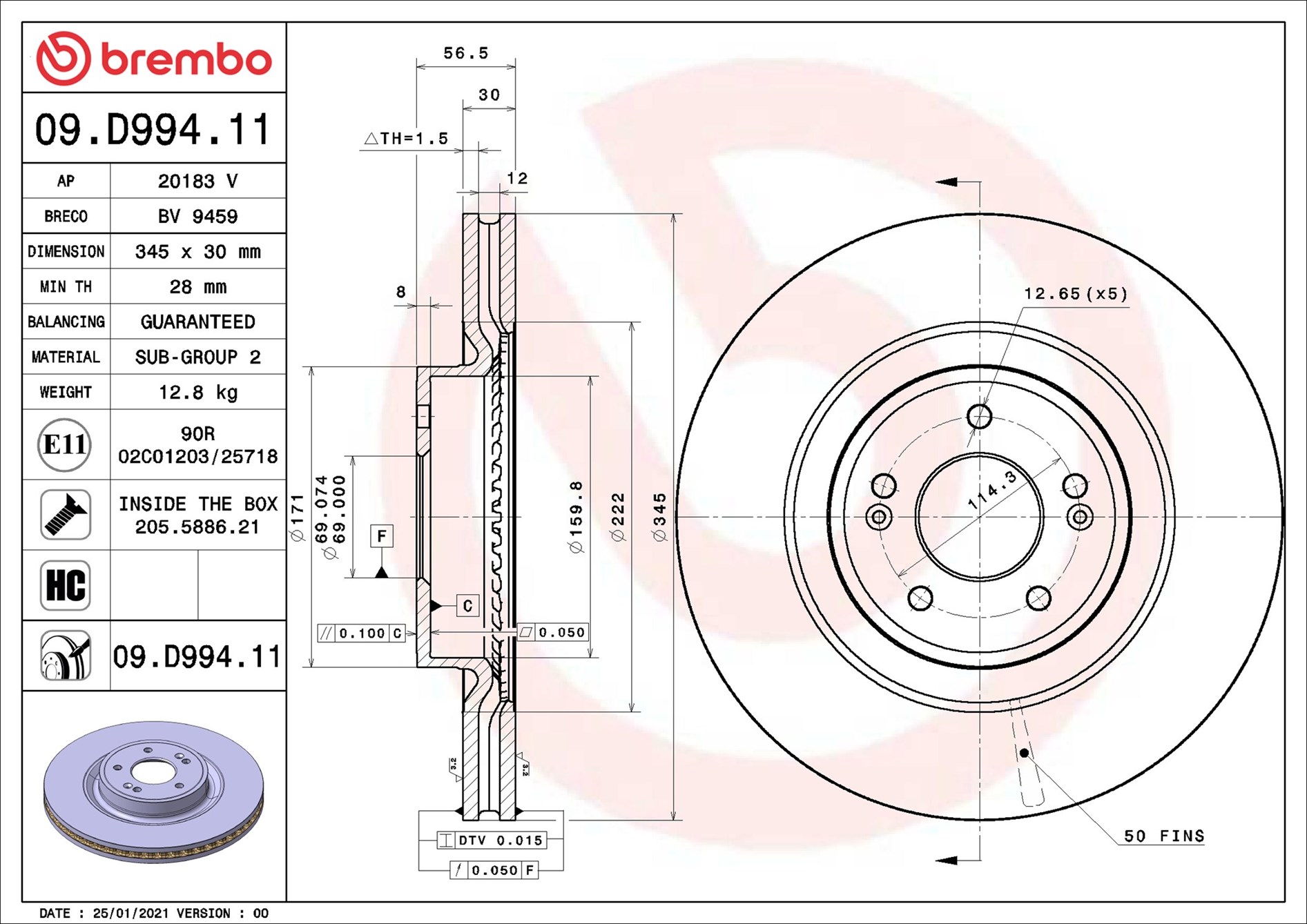 Brake Disc - 09.D994.11 BREMBO