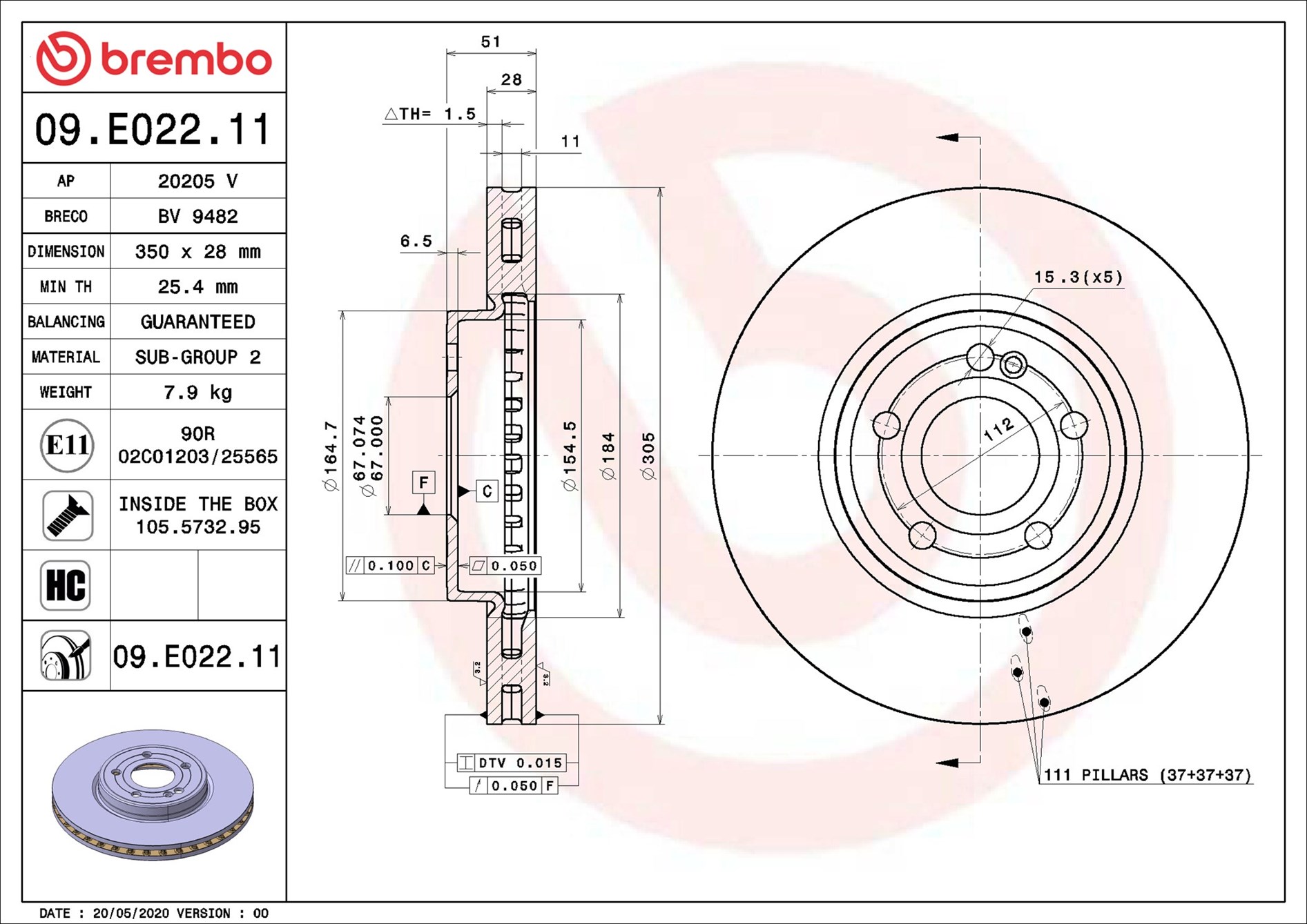 stabdžių diskas - 09.E022.11 BREMBO